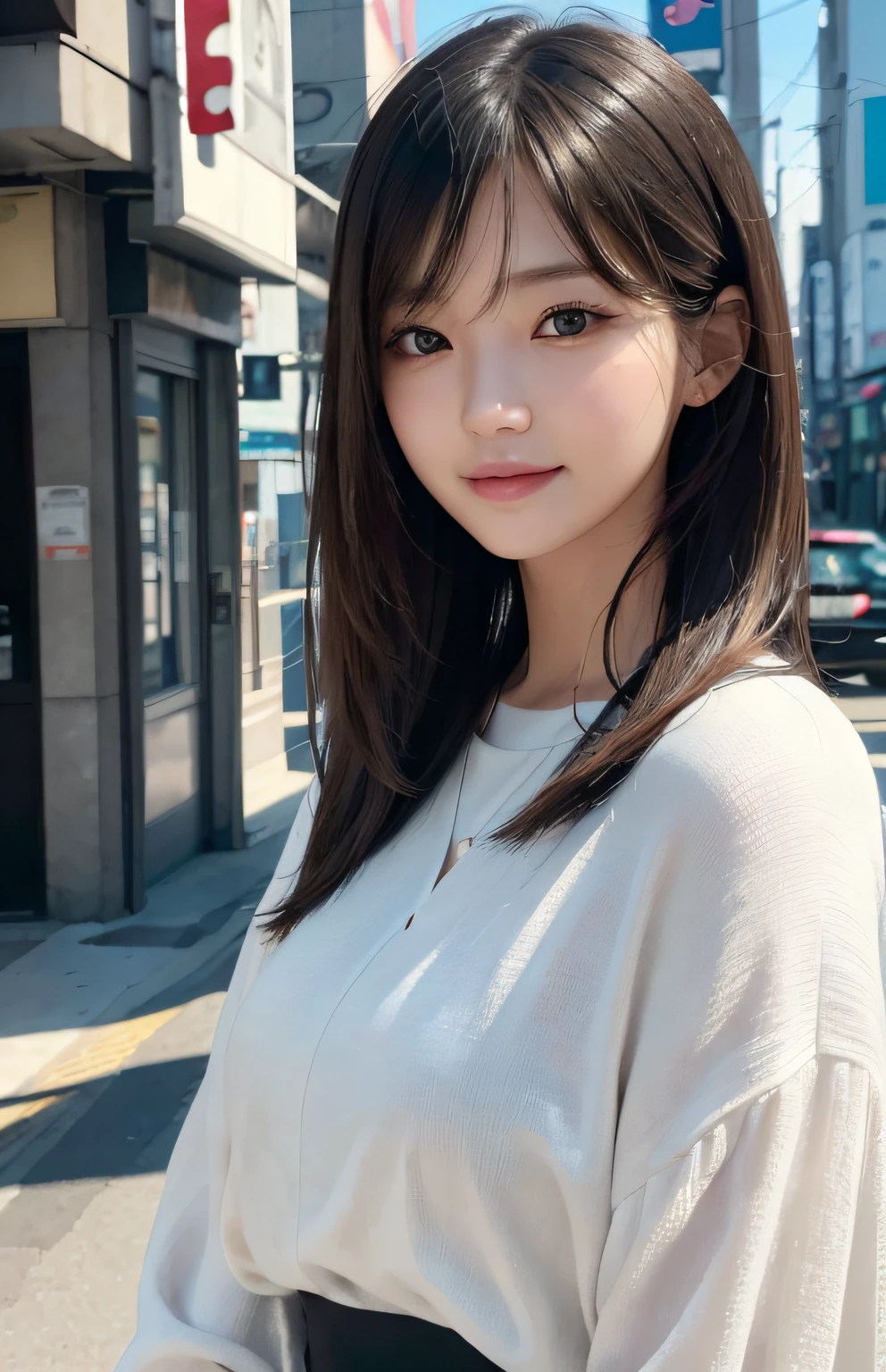 Masterpiece, 1 Beautiful Girl, Detailed, Swollen Eyes, Best Quality, Ultra High Resolution, (Reality: 1.4), Original Photo, 1Girl, Cinematic Lighting, Smiling, Japanese, Asian Beauty, Korean, Neat, Very Beautiful, Slightly Young Face, Beautiful Skin, Slender, Cyberpunk Background, (ultra realistic), (illustration), (high resolution), (8K), (very detailed), (best illustration), (beautifully detailed eyes), (super detailed), (wallpaper), (detailed face), viewer looking, fine details, detailed face, deep shadow, low key, pureerosfaceace_v1, smile, 46 point slanted bangs, facing straight ahead, neat clothes, black colored eyes,