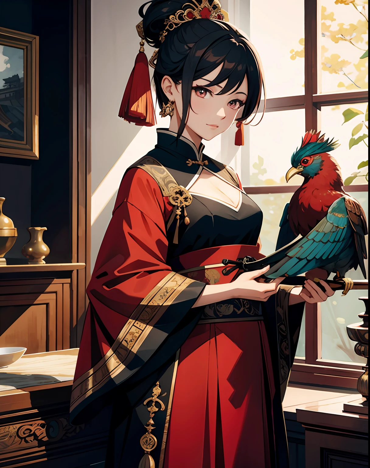 masterpiece chinese watercolor and ink painting, red aesthetics, 1girl holding a peacock, in the style of wlop, trending on artstation, 4k, 8k, ultra wide angle, pincushion lens effect. zenith view, greg rutkowski, beeple. baroque elements. baroque element. intricate