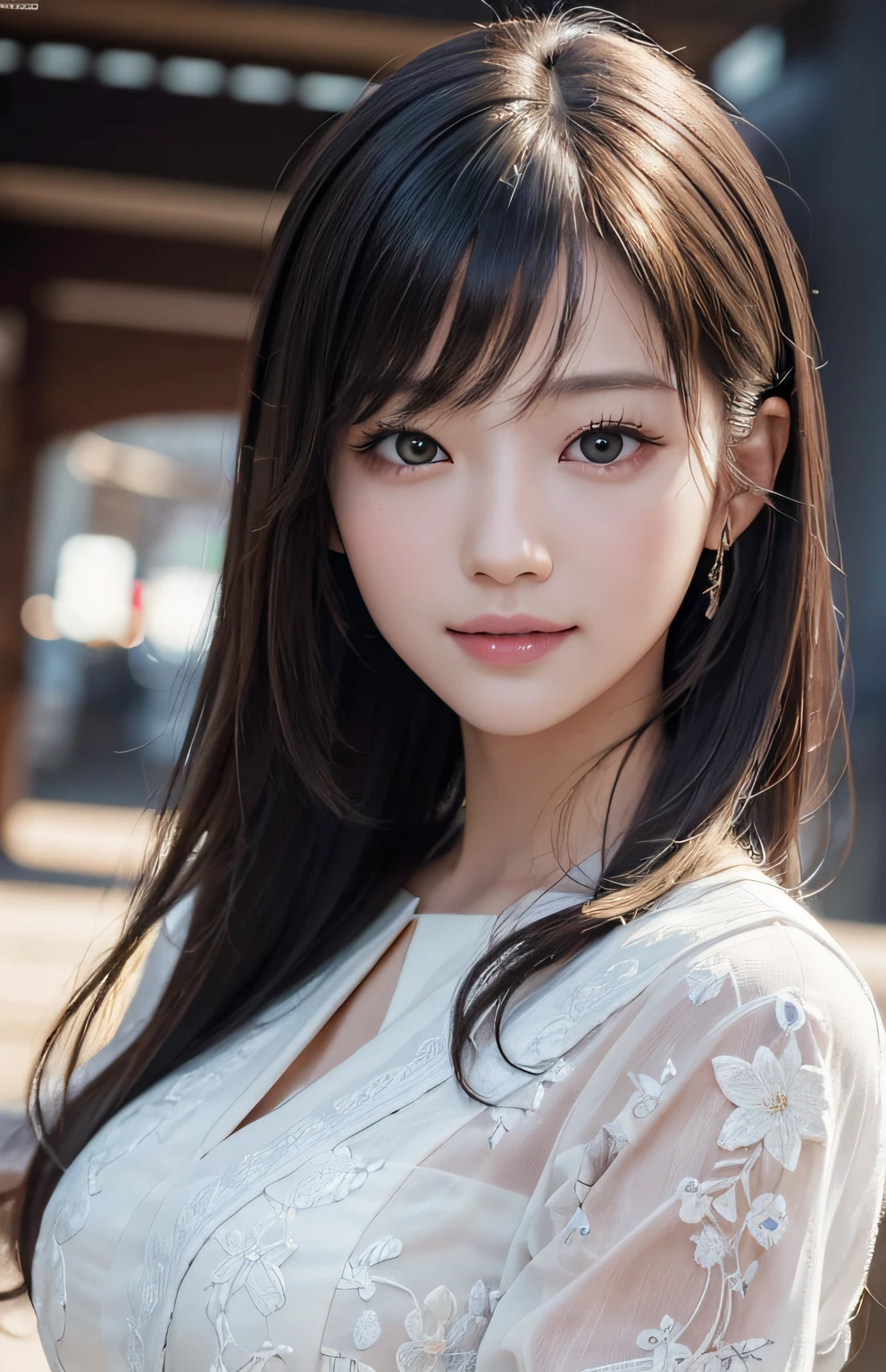 Masterpiece, 1 Beautiful Girl, Detailed, Swollen Eyes, Best Quality, Ultra High Resolution, (Reality: 1.4), Original Photo, 1Girl, Cinematic Lighting, Smiling, Japanese, Asian Beauty, Korean, Neat, Very Beautiful, Slightly Young Face, Beautiful Skin, Slender, Cyberpunk Background, (ultra realistic), (illustration), (high resolution), (8K), (very detailed), (best illustration), (beautifully detailed eyes), (super detailed), (wallpaper), (detailed face), viewer looking, fine details, detailed face, deep shadow, low key, pureerosfaceace_v1, smile, 46 point slanted bangs, facing straight ahead, neat clothes, black colored eyes,