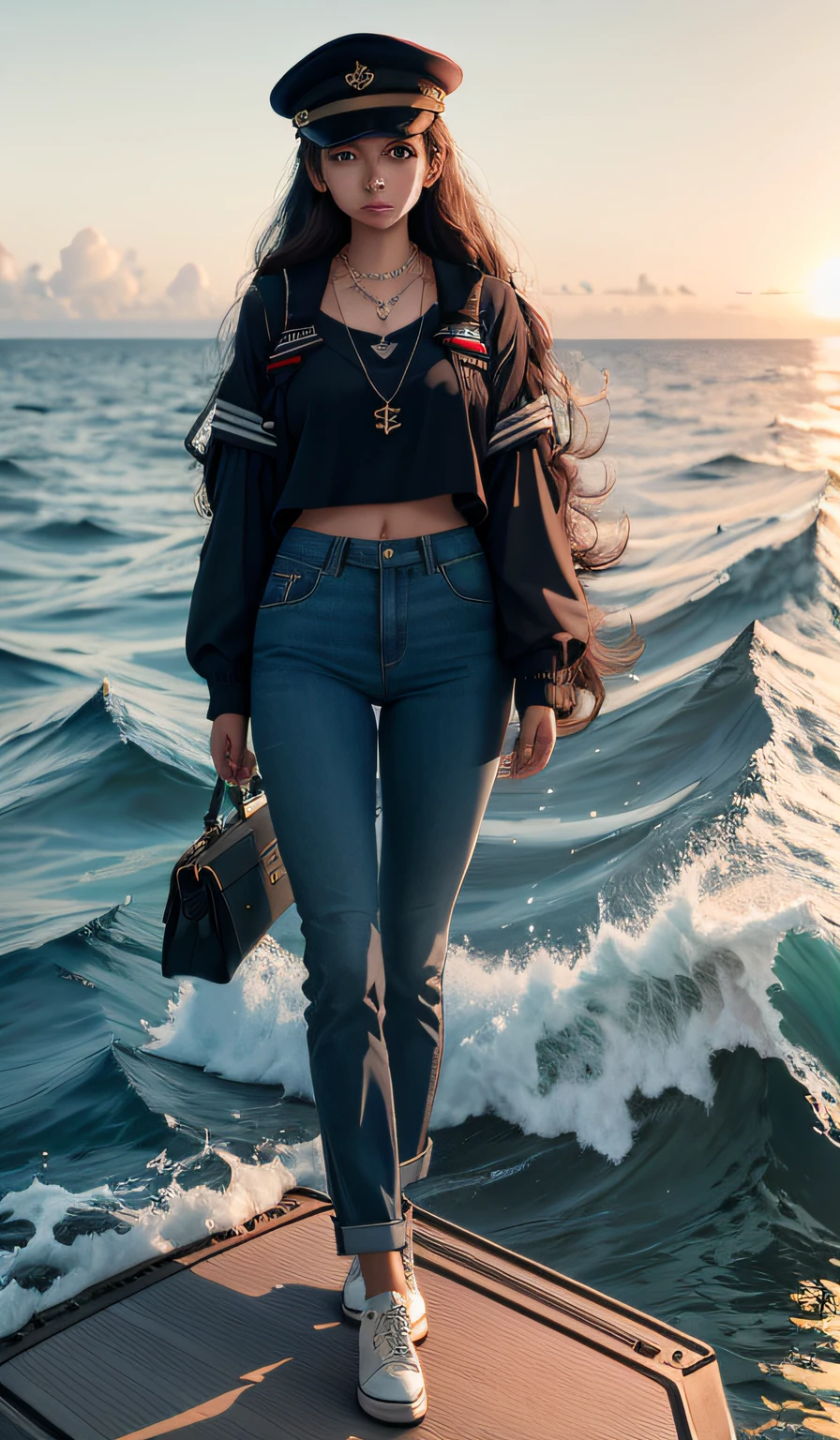 4k, realistic, carismatic, very detail, there is a girl on a big boat, she is a navy army girl, ocean theme, soft clothes, long hair, wearing pants , 25 years old, full body, wearing gucci shoes, necklace, scary face