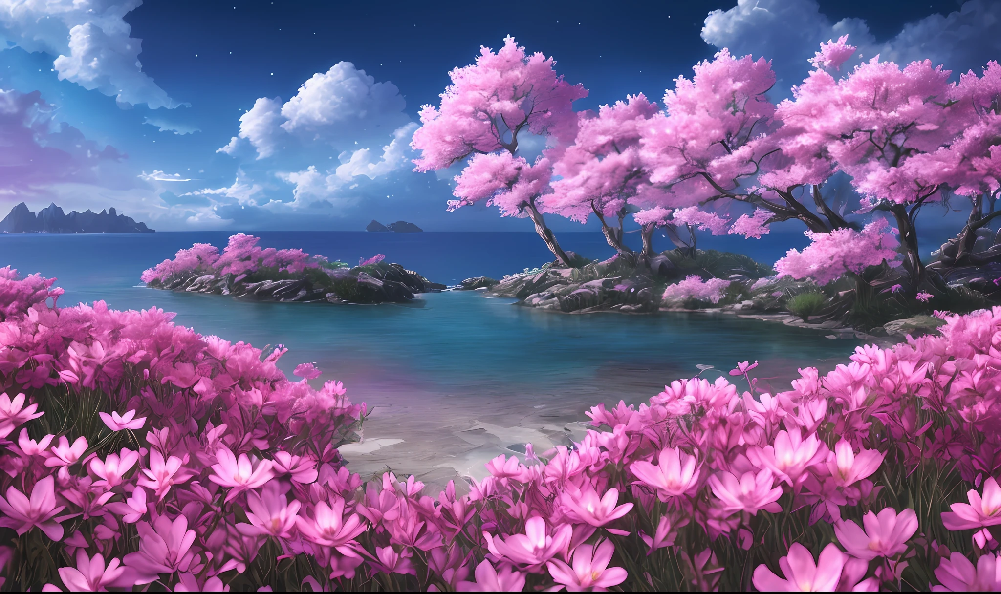 (xenoblade:1.3), Intricate, Highly detailed, art stations, smooth, Sharp, Focus, (Intricate:1.1), (Highly detailed:1.1), landscape, rendering by octane, smooth, Sharp focus, 35mm, (analogue style:1.0), (Photorealistic:1.3), (Clouds:1.1), (dawn:1.1), (Pink flowers), sakura, (Night:1.4), (Ocean:1.2)