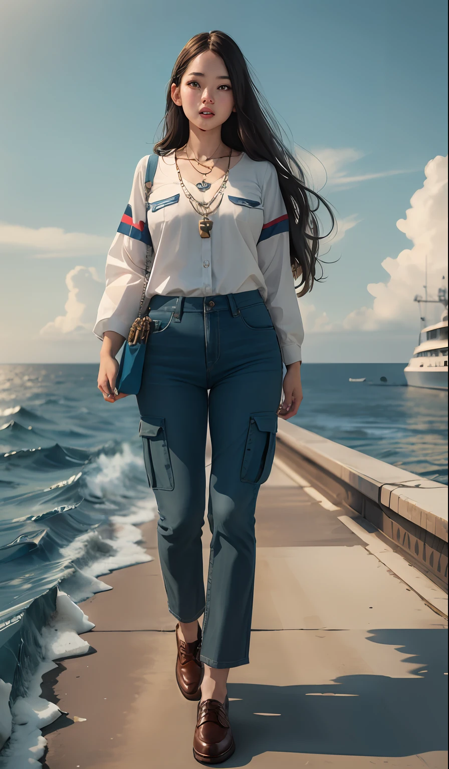4k, realistic, carismatic, very detail, there is a girl on a big boat, she is a navy army girl, ocean theme, soft clothes, long hair, wearing pants , 25 years old, full body, wearing gucci shoes, necklace, scary face