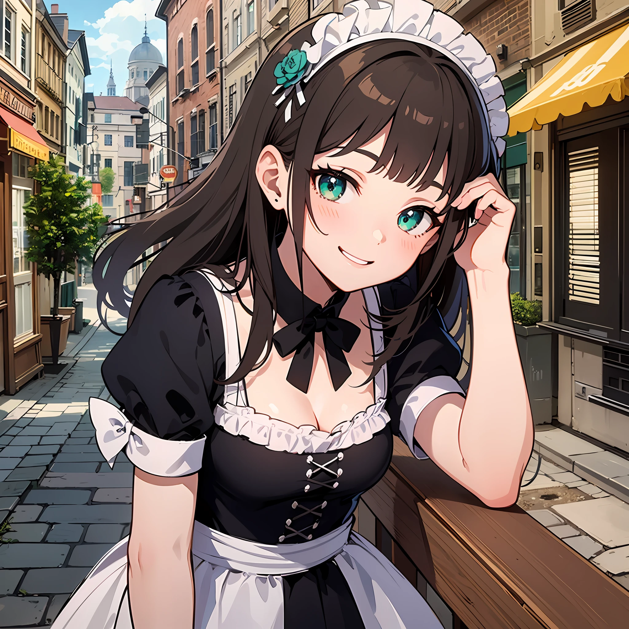 (masterpiece:1.3), (best quality:1.3), high resolution, 


couboy shot, 
leaning forward, 

(one cute girl:1.3), solo, 
white skin, small Breast, eight-headed person, 
light brown hair, long hair, straight hair, (blunt bangs:1.2), beautiful hair, green eyes, drooping eyes, beautiful detailed eyes, 

cheerful smile, 

maid, 

outdoors, sidewalk cafe, medieval western town, 

shadowlighting,