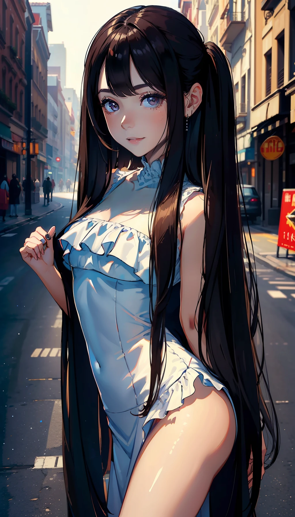 ((Best quality, 8k, Masterpiece :1.3)), 1girl, smiling, full body, slim face, Pretty woman, (Dark brown hair), full length dress :1.1, Ultra-detailed face, Detailed eyes, Double eyelid, blur background, slim face, city, outside, street,