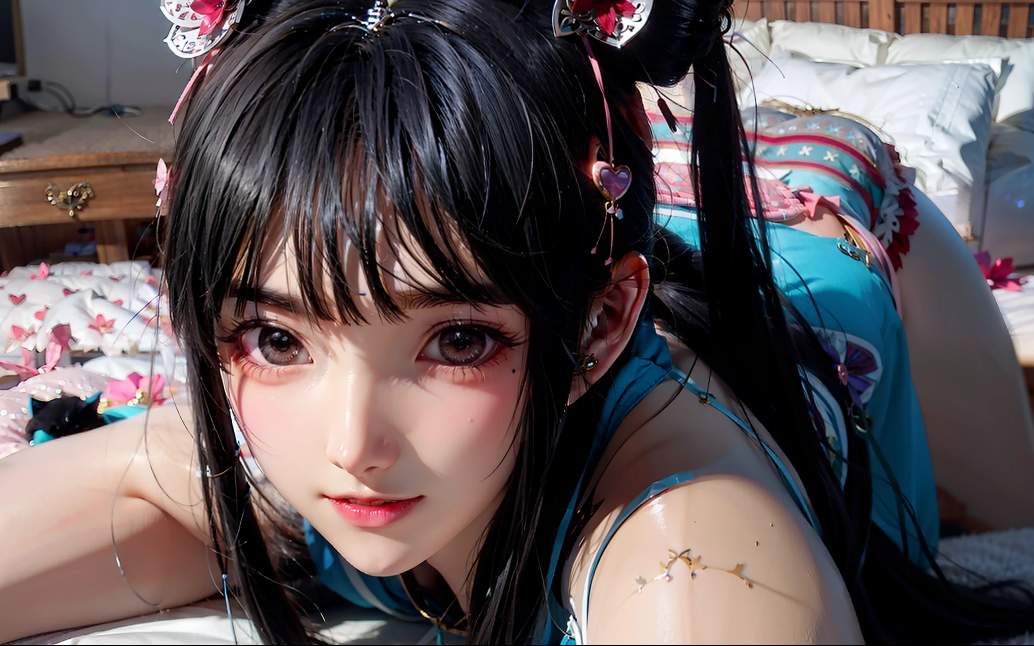 Anime girl lying on bed，Tied, Fine details. whaite hair、silber hair、hair-bun、Yoke hair、long whitr hair、Huge bun、shairband、Bell、Bell、pink hairband、flowers in head、heart - shaped pupils、Pink eyes、fox ear、anime big breast、style of anime、depth of fields、anatomy correct、super detailing、high detal、high qulity、Award-Awarded、best qualtiy、high qulity、16k、8k
