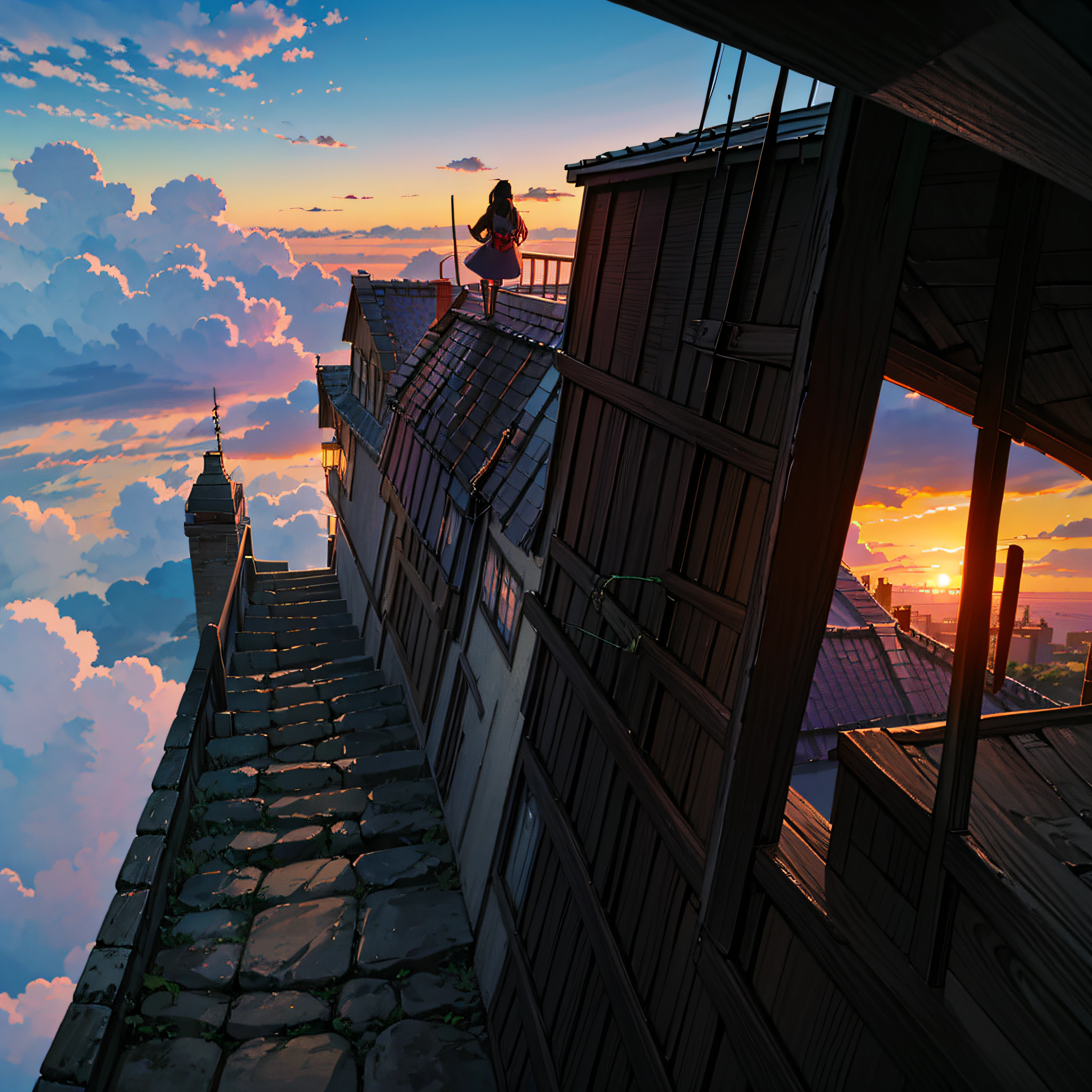 animesque、Skyscape with clouds、Purple sunset sky、Deities々Shikai、stairway、You can see the touch of the brush、no human figures、Studio Ghibli、Ghibli、Scenery、Style、The light is sparkling、sky line --auto