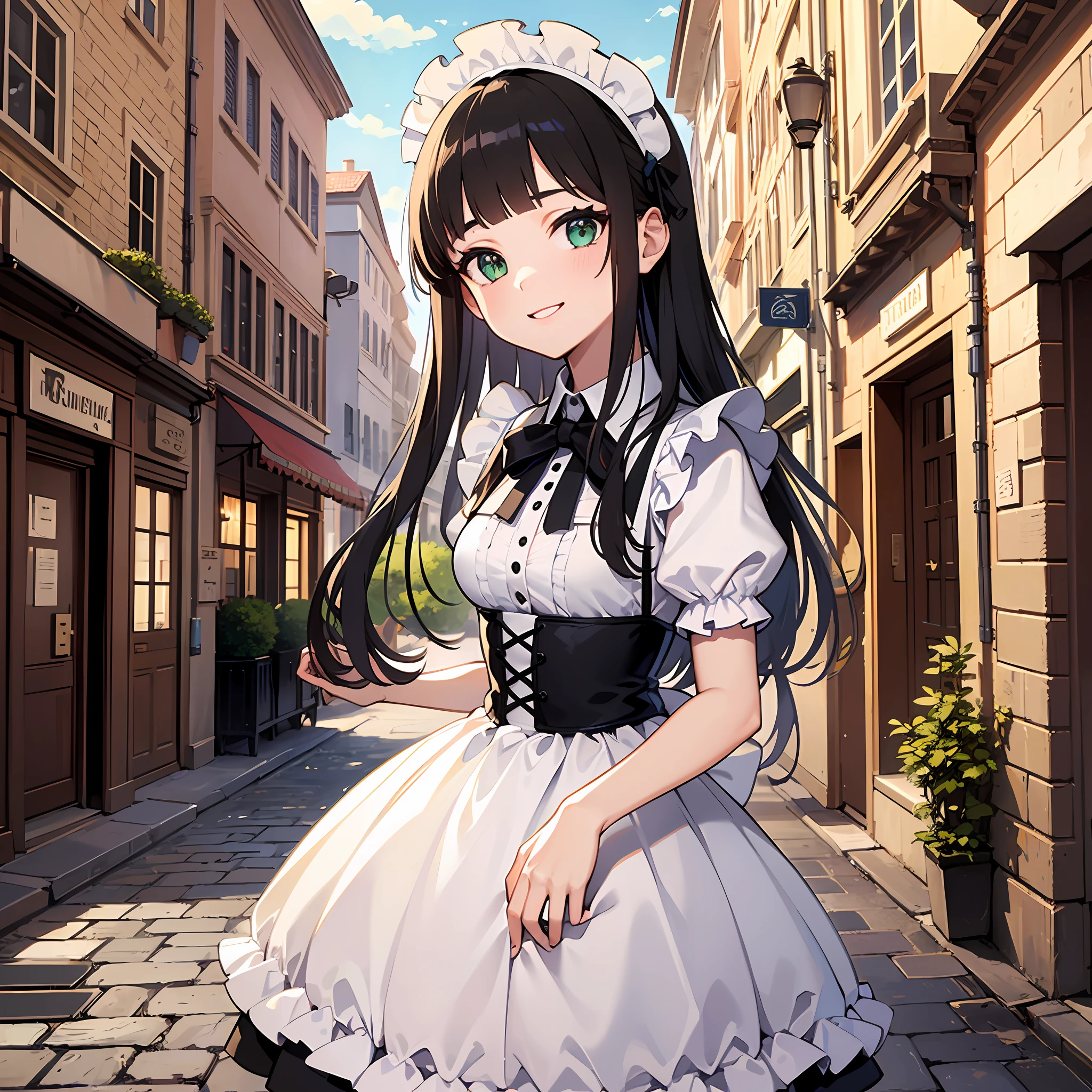 (masterpiece:1.3), (best quality:1.3), high resolution, 


couboy shot, 
leaning forward, 

(one cute girl:1.3), solo, 
white skin, small Breast, eight-headed person, 
light brown hair, long hair, straight hair, (blunt bangs:1.2), beautiful hair, green eyes, drooping eyes, beautiful detailed eyes, 

cheerful smile, 

maid, 

outdoors, sidewalk cafe, medieval western town, 

shadowlighting,