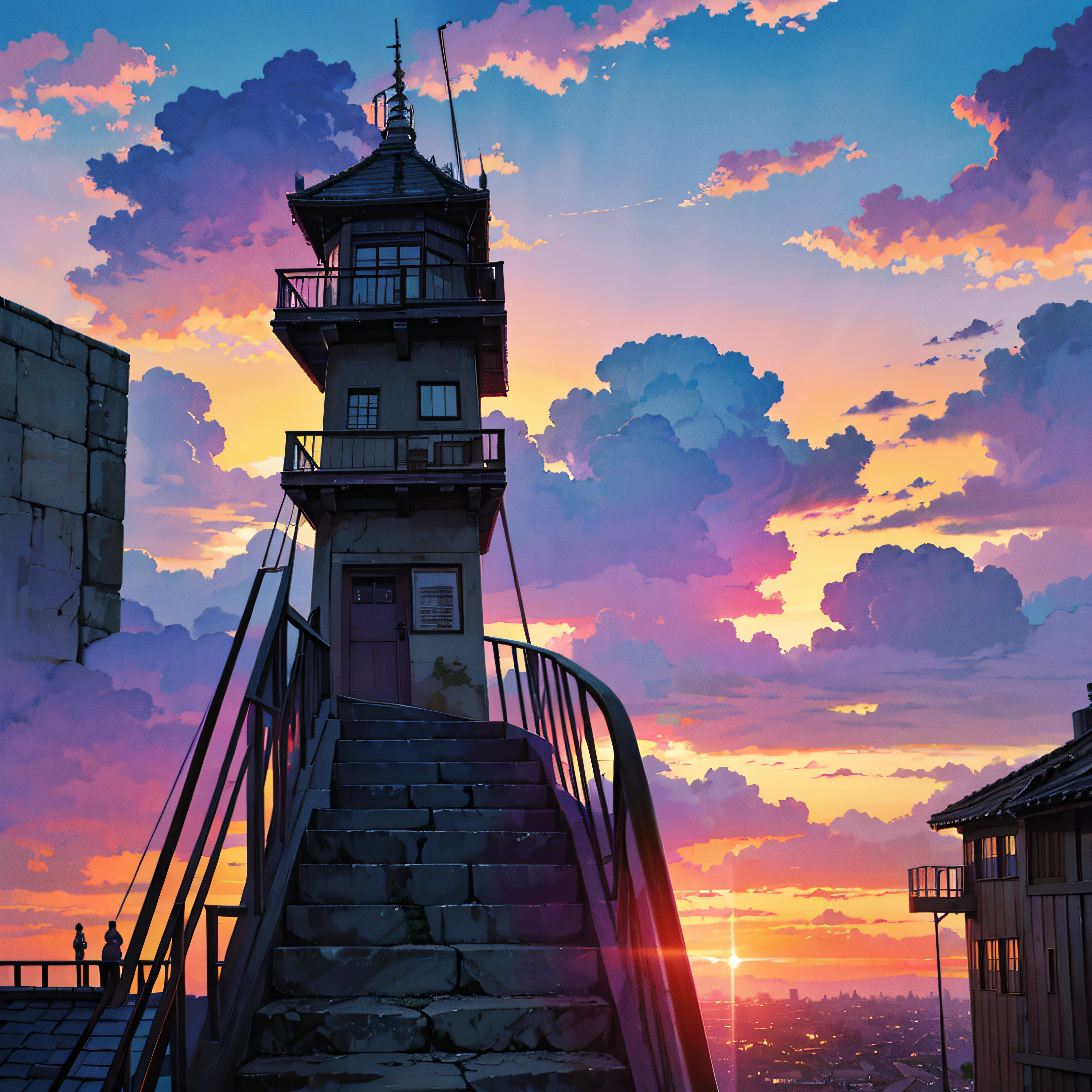 animesque、Skyscape with clouds、Purple sunset sky、Deities々Shikai、stairway、You can see the touch of the brush、no human figures、Studio Ghibli、Ghibli、Scenery、Style、The light is sparkling、sky line --auto