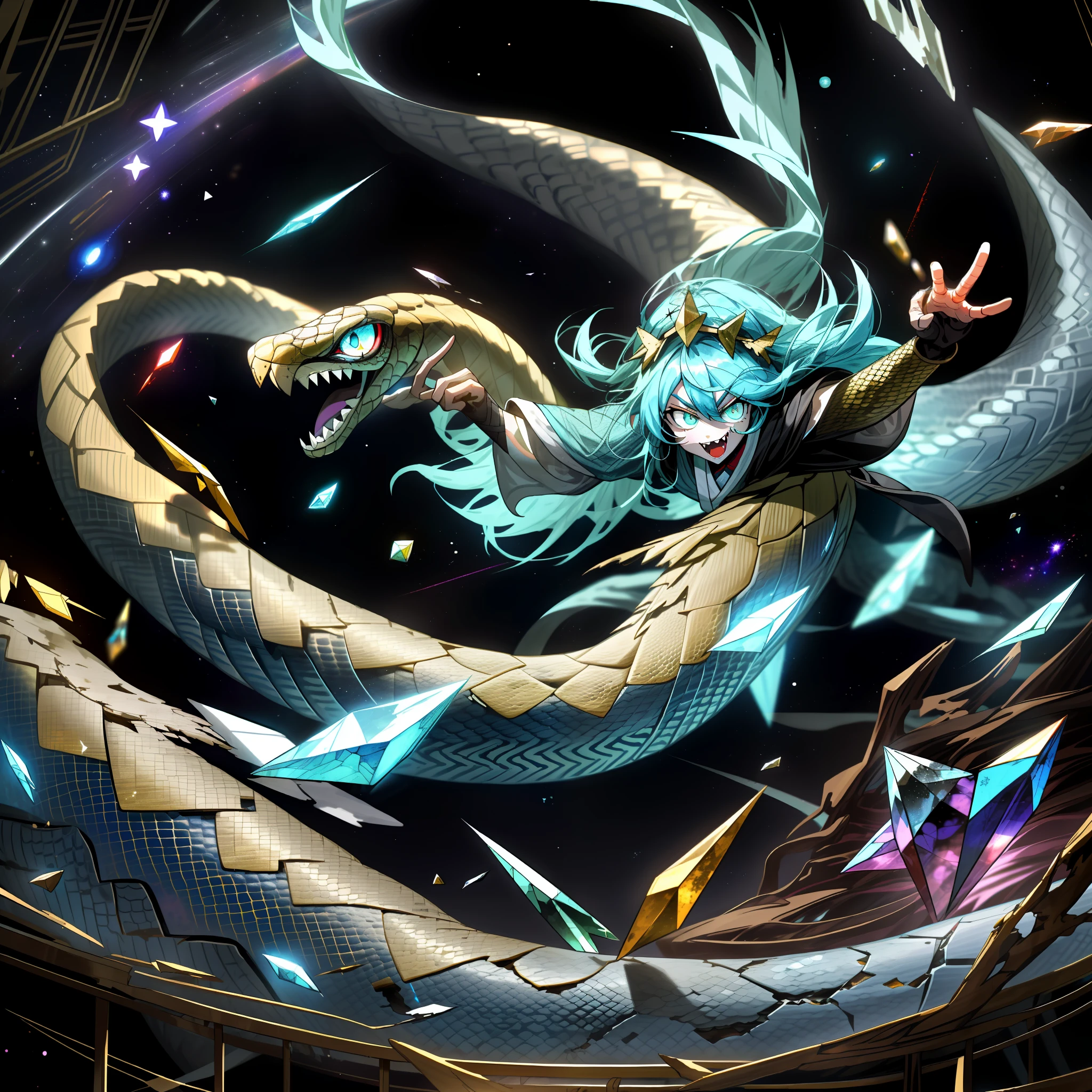 A giant python soars in the endless starry sky,The scales covered by the python's body are replaced by interlaced blue-cyan and lilac transparent crystals。The mouth has two symmetrical huge fangs,There is also a huge crystal on the head of the python。Gesture of the gods。Sacred gesture。Gestures of anger。Portal with tail connection to the broken space,The space is shattered like broken glass,detail-rich。Monty pythons devour the stars。2K clarity