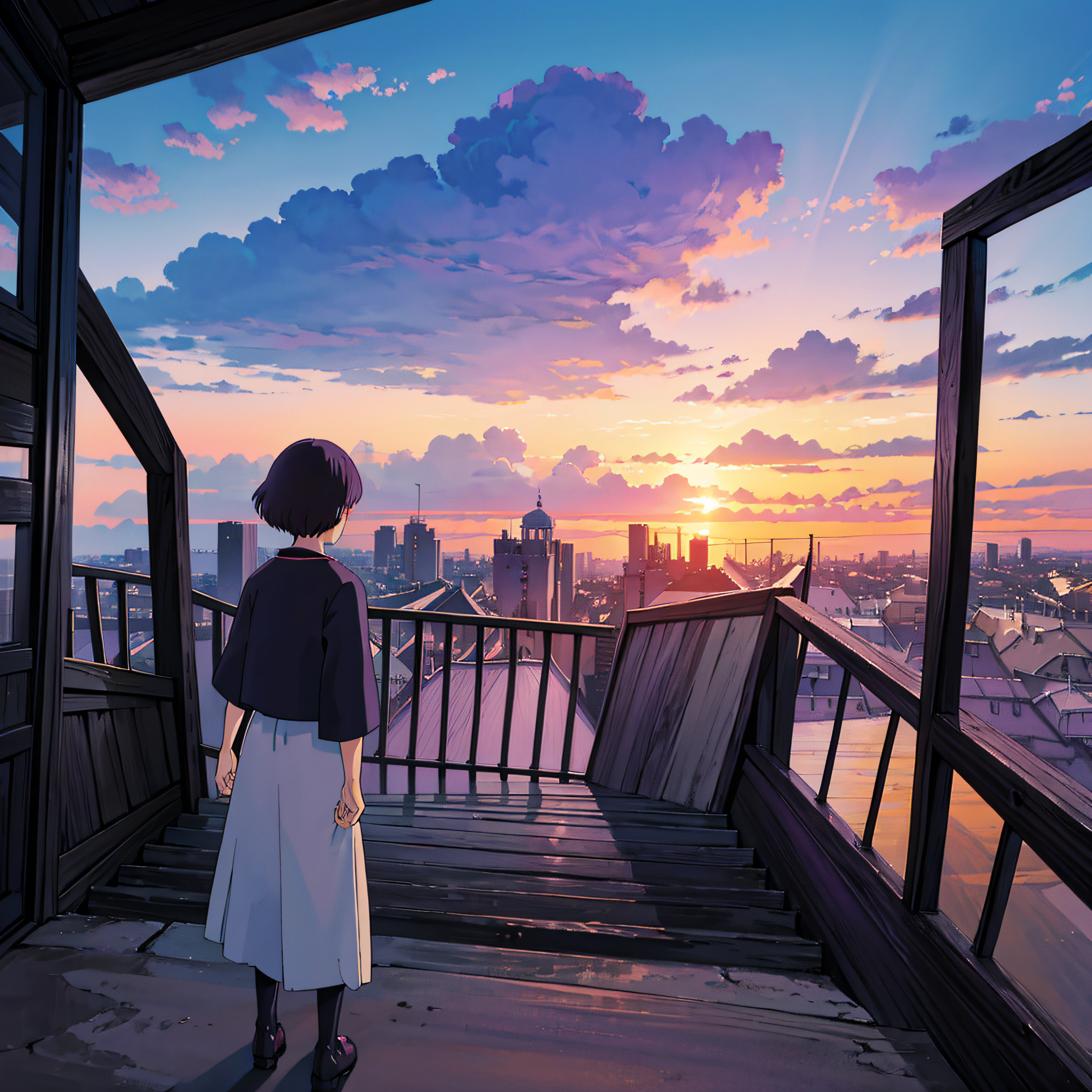 animesque、Skyscape with clouds、Purple sunset sky、Deities々Shikai、stairway、You can see the touch of the brush、no human figures、Studio Ghibli、Ghibli、Scenery、Style、The light is sparkling、sky line --auto