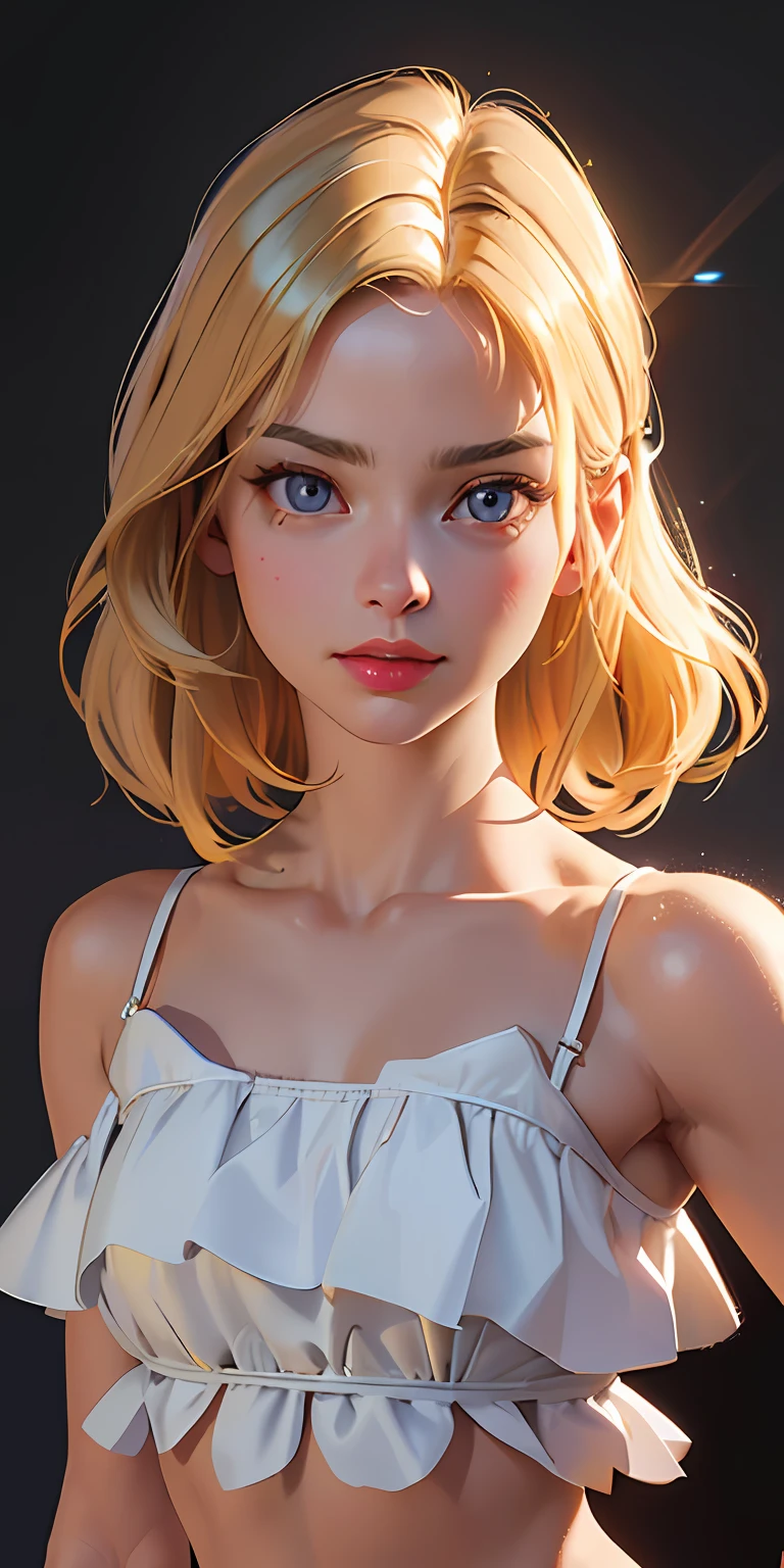 (photorealistic:1.4), (masterpiece, sidelighting, finely detailed beautiful eyes: 1.2), masterpiece*portrait, realistic, 3d face, glowing eyes, shiny hair, lustrous skin, solo, embarassed, (midriff), black underwear, blonde hair