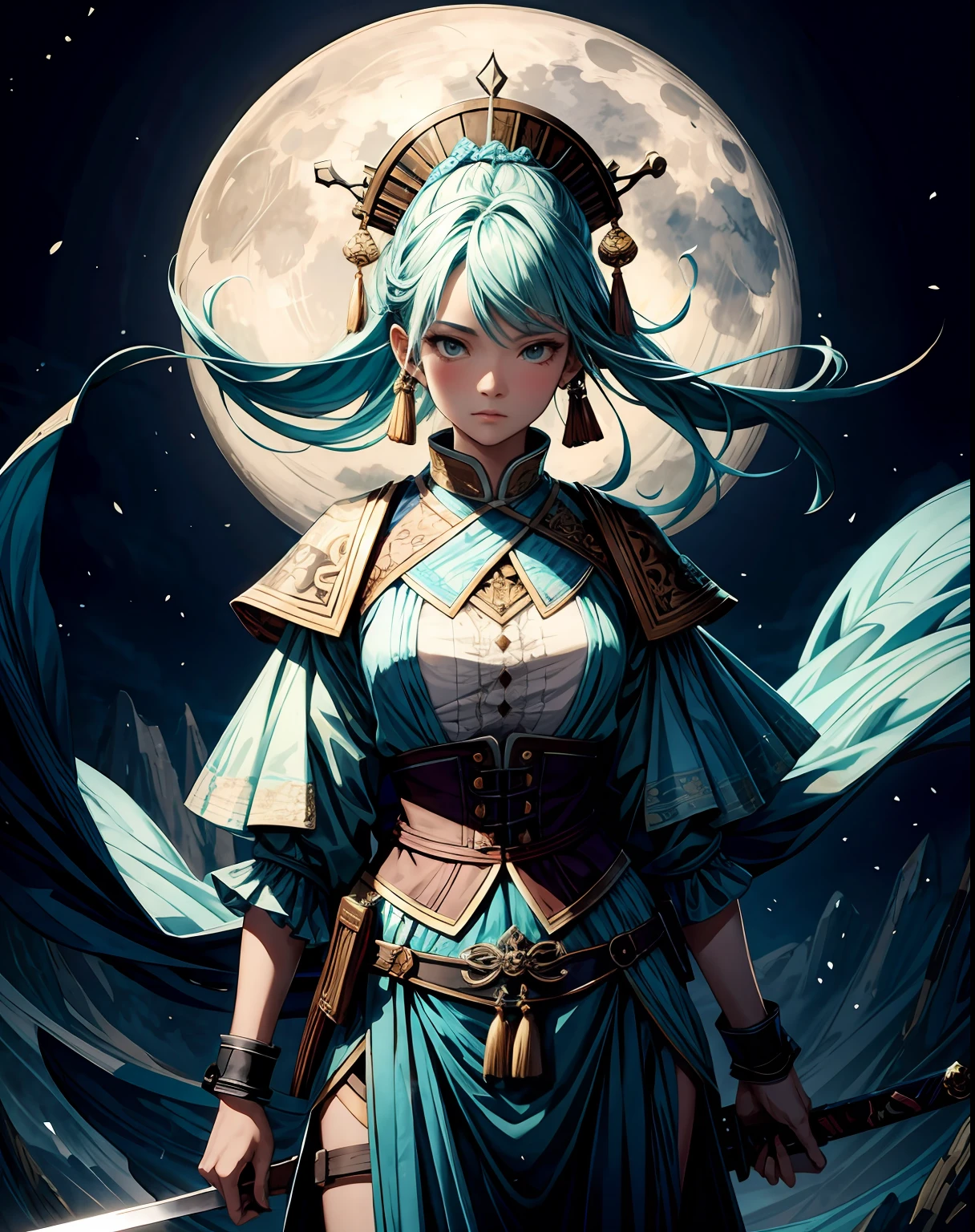masterpiece chinese watercolor and ink painting, 1girl holding a sword in front of the full big moon. by rembrandt and artstation trending, 8k, highly detailed, turquoise rustic color scheme, detailed, atmospheric light, cinematic, epic, highly detailed, hd, digital painting, deviant art, concept art, smooth, sharp