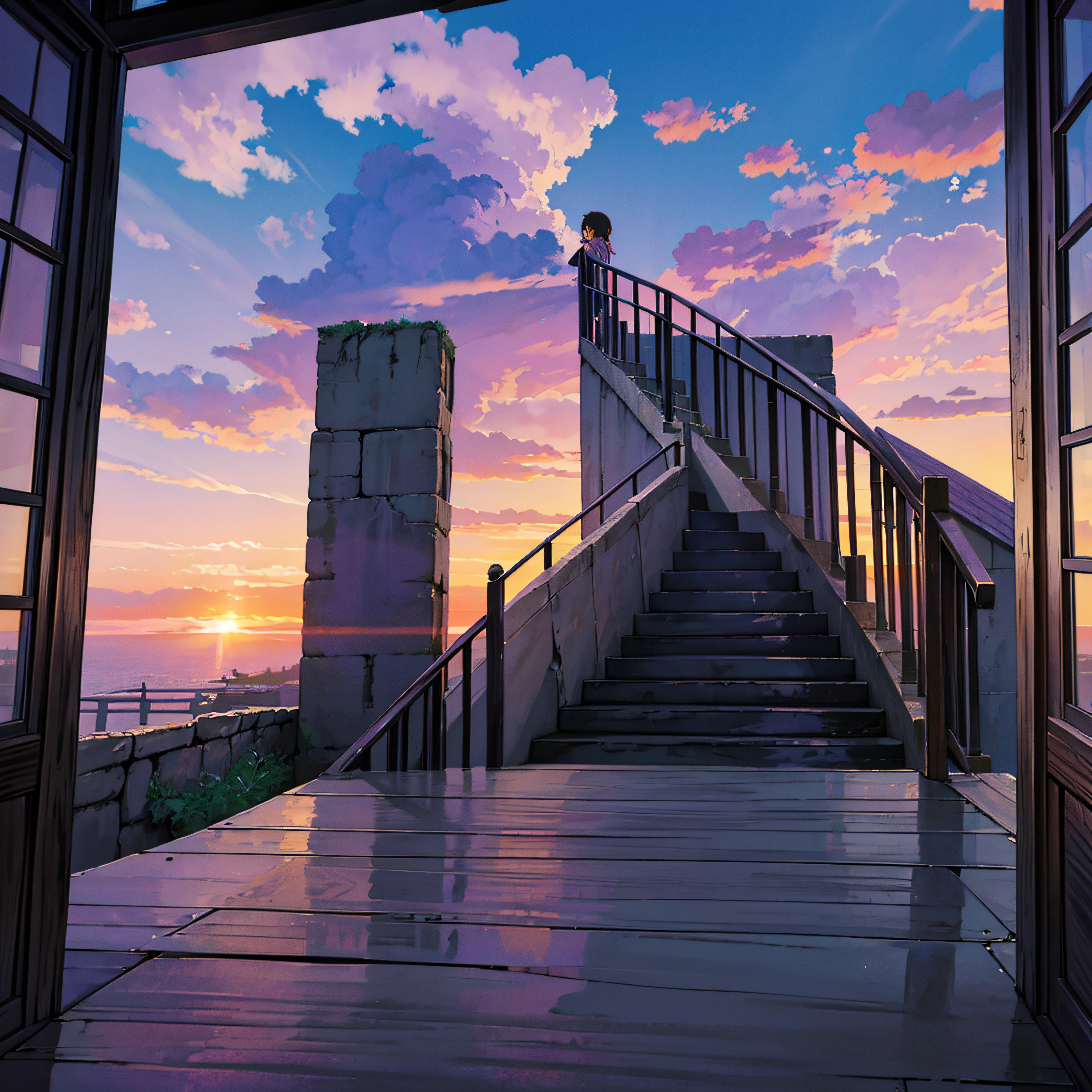 animesque、Skyscape with clouds、Purple sunset sky、Deities々Shikai、stairway、You can see the touch of the brush、no human figures、Studio Ghibli、Ghibli、Scenery、Style、The light is sparkling、sky line --auto