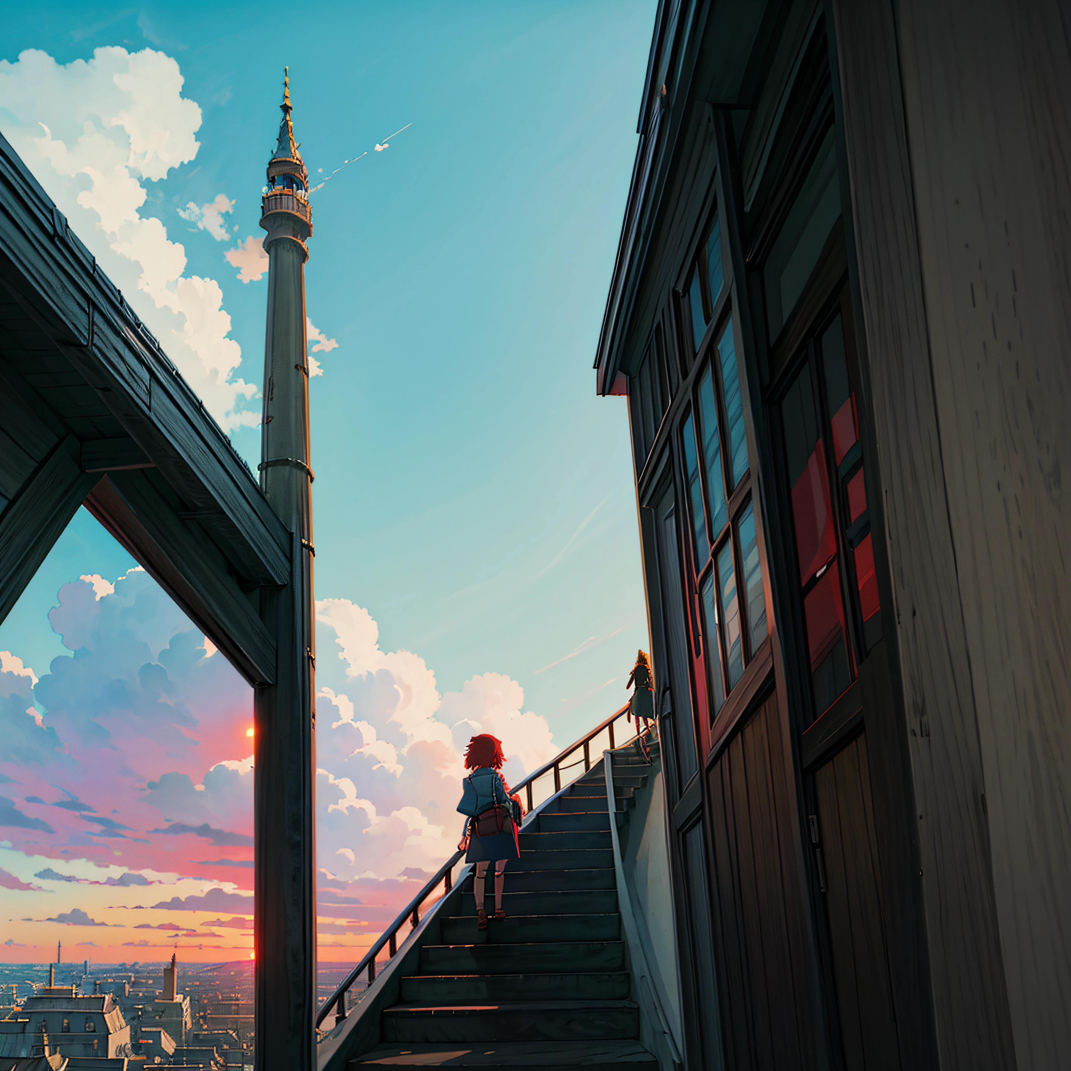 animesque、Skyscape with clouds、Red sunset sky、Deities々Shikai、stairway、You can see the touch of the brush、no human figures、Studio Ghibli、Ghibli、Scenery、Style、The light is sparkling、sky line --auto