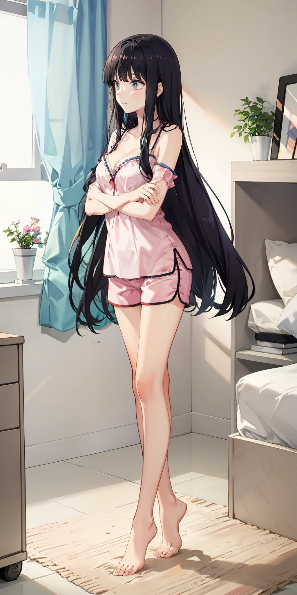 long hair, black hair, medium breast, slim legs, nervous, pajamas, cleavage, bedroom, shorts