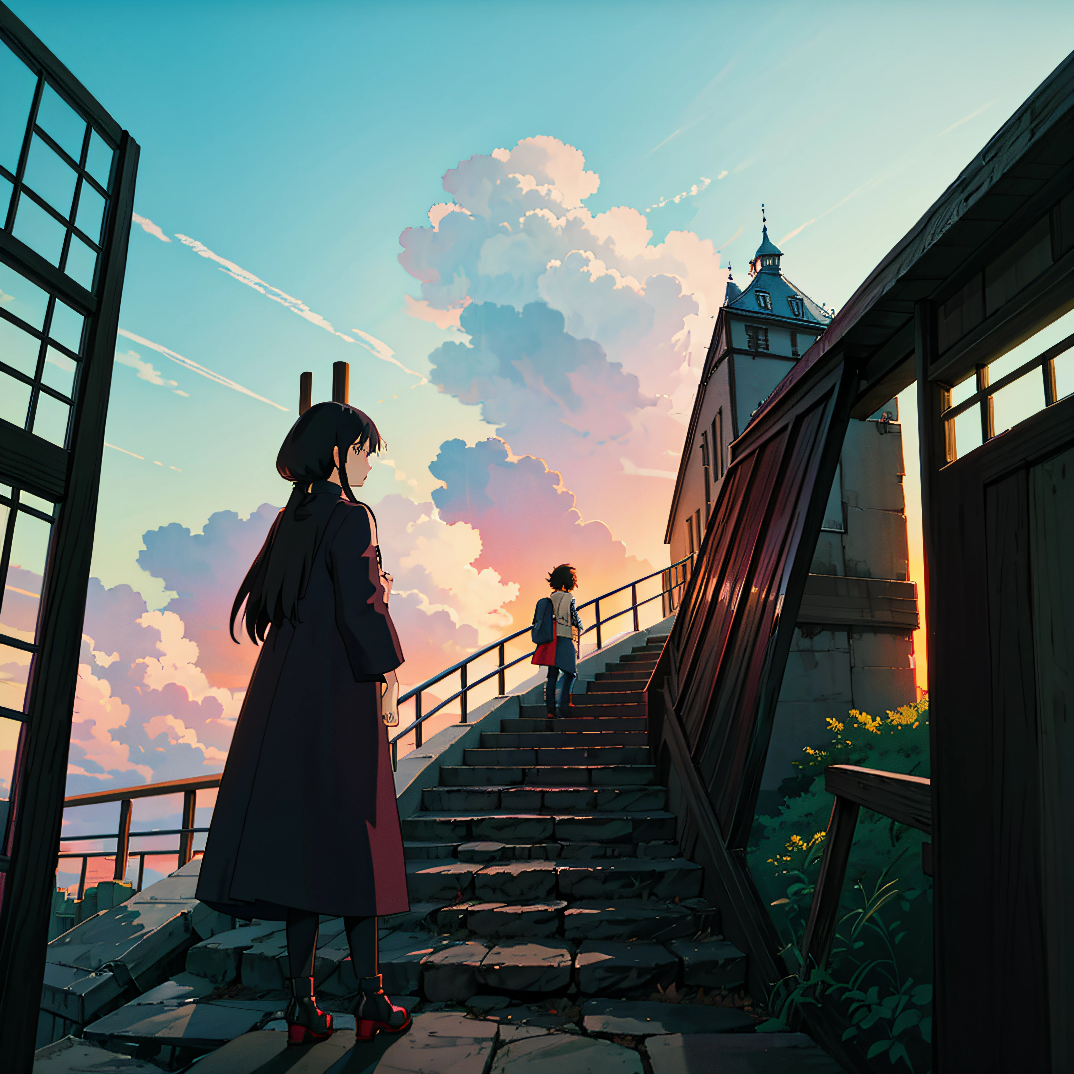 animesque、Skyscape with clouds、Red sunset sky、Deities々Shikai、stairway、You can see the touch of the brush、no human figures、Studio Ghibli、Ghibli、Scenery、Style、The light is sparkling、sky line --auto