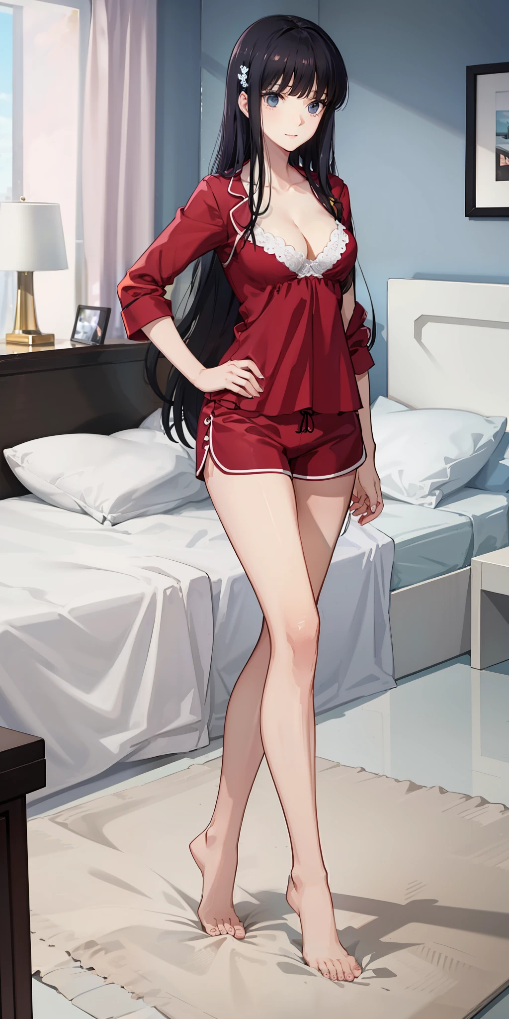 long hair, black hair, medium breast, slim legs, nervous, pajamas, cleavage, bedroom, shorts
