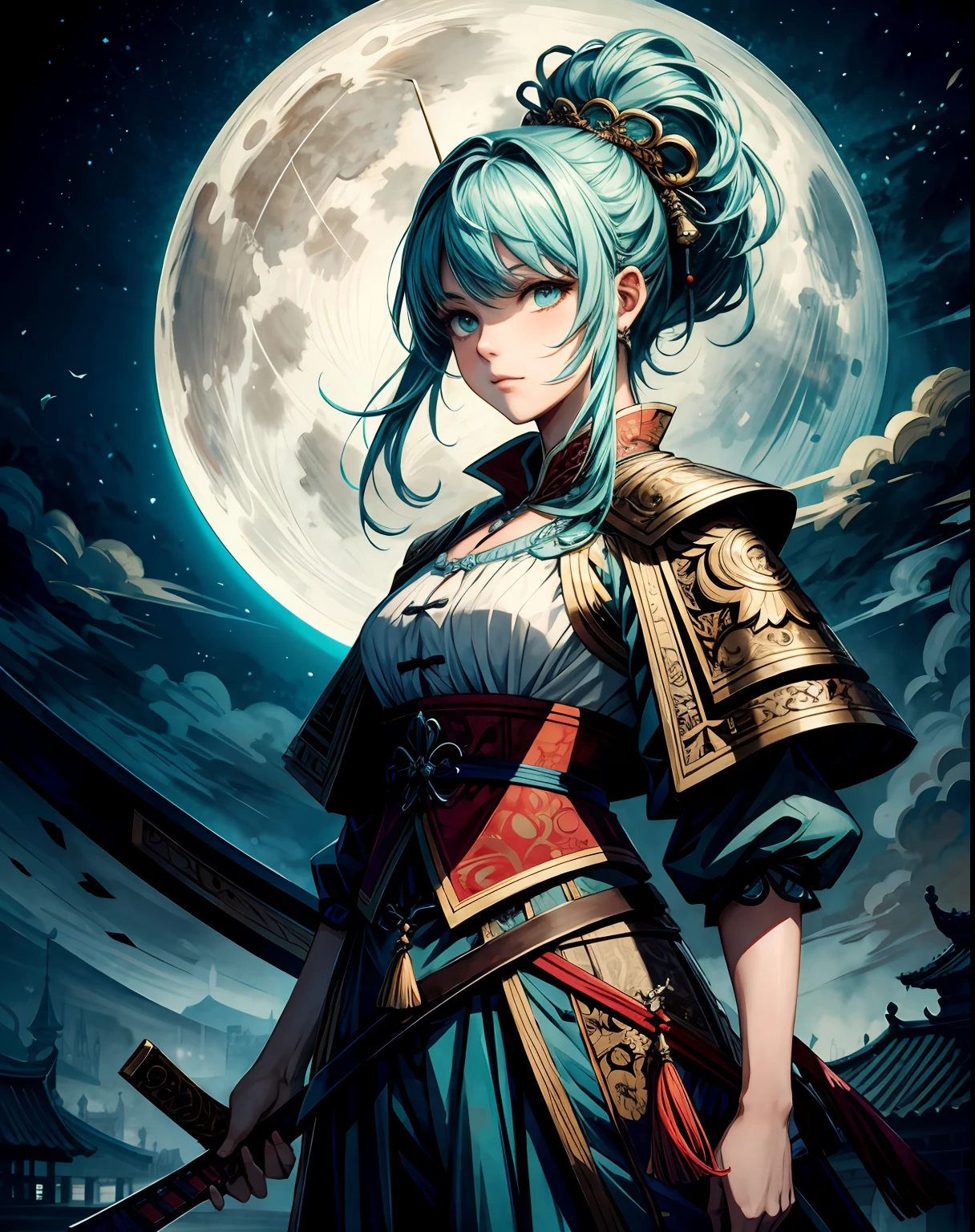 masterpiece chinese watercolor and ink painting, 1girl holding a sword in front of the full big moon. by rembrandt and artstation trending, 8k, highly detailed, turquoise rustic color scheme, detailed, atmospheric light, cinematic, epic, highly detailed, hd, digital painting, deviant art, concept art, smooth, sharp