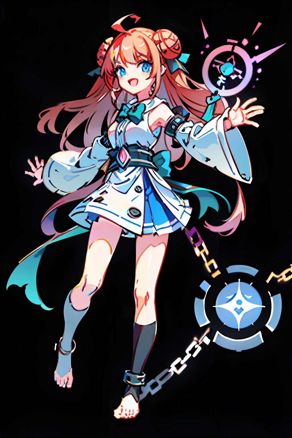 (masterpiece, top quality, best quality), 1girl, full body, best quality, smile, expressive eyes, perfect face, neuro-sama, solo, looking at viewer, portrait, (long hair, half-up bun, sidelocks, heart shaped hair, red hair bowtie, ahoge, blue eyes)), two side up, long side hair, red red hair ribbon, white toga, 1girl, young, (goddess, runes on body, toga, white toga), bare feet, light blue glowing trims, green collar ribbon, glowing rune tatoos, rune tatoos, symbols on body)), open arms, floating, long hair behind, (short, young girl, short body), (front facing, forward facing), hands to side, formal, revealinng outfit, (((toga, gauntlets, shoulderless, wide sleeves, long dress, cuffs, garterbelt, chains, sash, belt, detached sleeves, frilly, open dress, revealing clothes, fingerless gloves, gamer, thigh highs, asymmetrical socks))), dynamic pose, unique pose, dynamic angle, unique angle, tome + concept art, pretty anime character design, anime character design, anime concept art, character artwork, character reference, reference sheet, design sheet, artwork concept, ((character concept art)), concept design, high quality character design