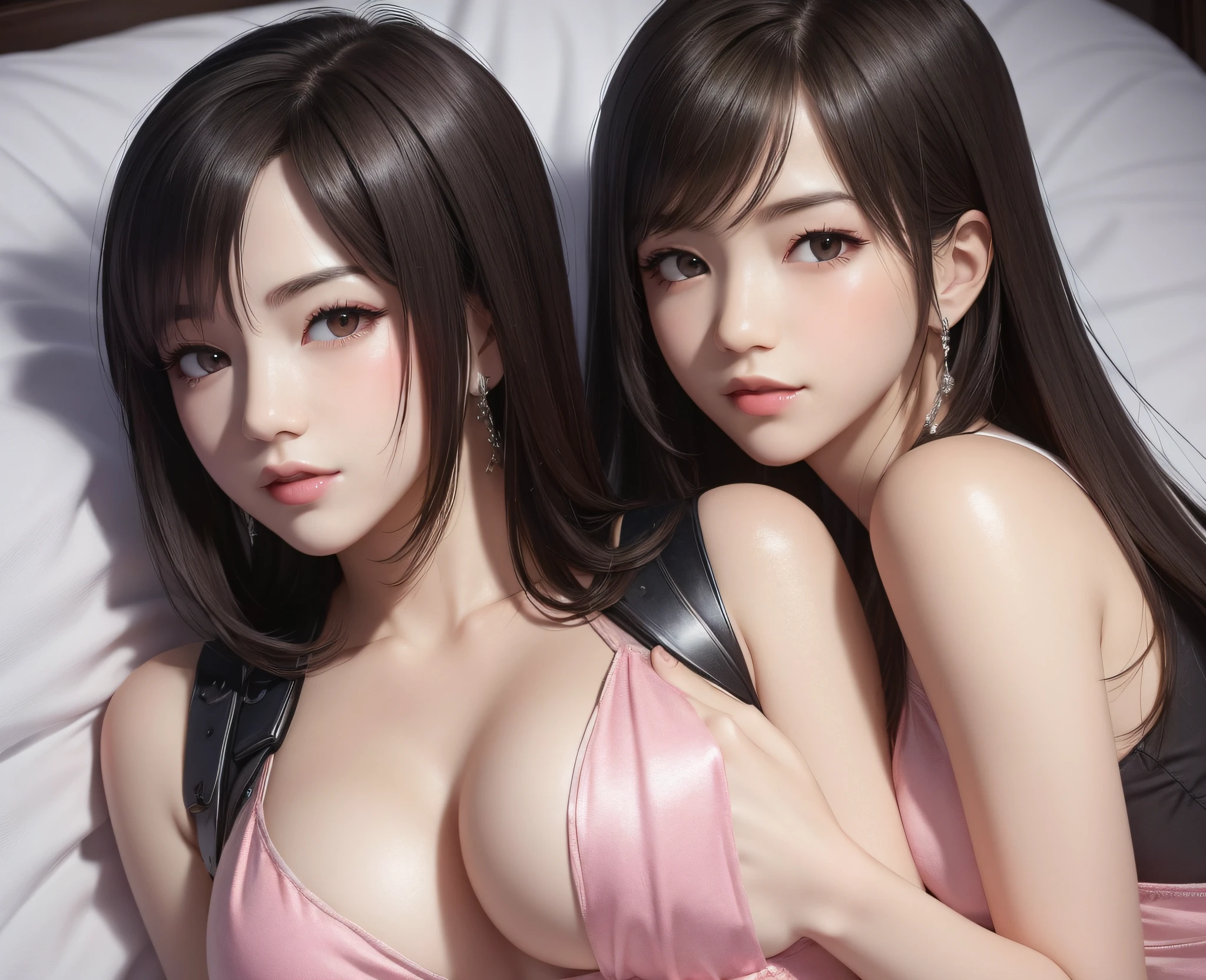 nsfw,(Top Quality, Masterpiece: 1.1), (Real: 1.4), BREAK (((FF7))) (((Tifa))),(1tifa:1.2),Ultra-detailed face, Detailed eyes,((Light Brown Hair, Large breasts: 1.2)), (face focus:1.5),(Bed,lying:1.5), BREAK (((FF7))) (((Tifa))),((love hotel,love bed,love room,summer),(girl wearing sheets:1.5,show off shoulders,sleeping with a sheet on), BREAK (shiny oiled skin: 1.4), about 18 years old, BREAK sensual, BREAK (pink lighting:1.2),pink lighting lamp:1.1,