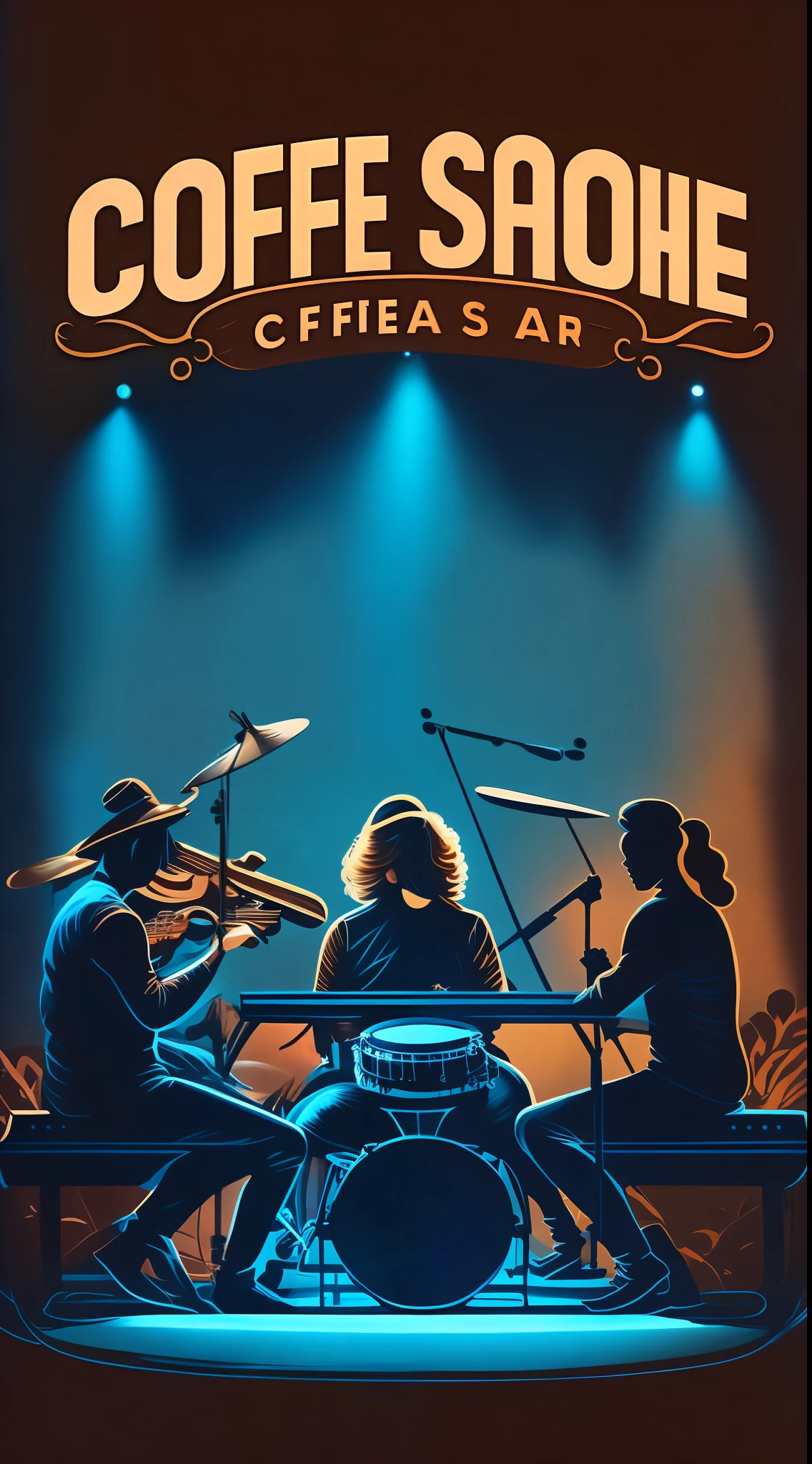 T-shirt design，vectorial art，Coffee shop MASSIVE，Stage，In the middle of the stage，There were four people on stage，One person playing bass，A person plays the piano，A man plays a drum kit，in a dark studio room, , dramatic lighting and colors, and a piano,Bluish blue tones,Flat illustration style