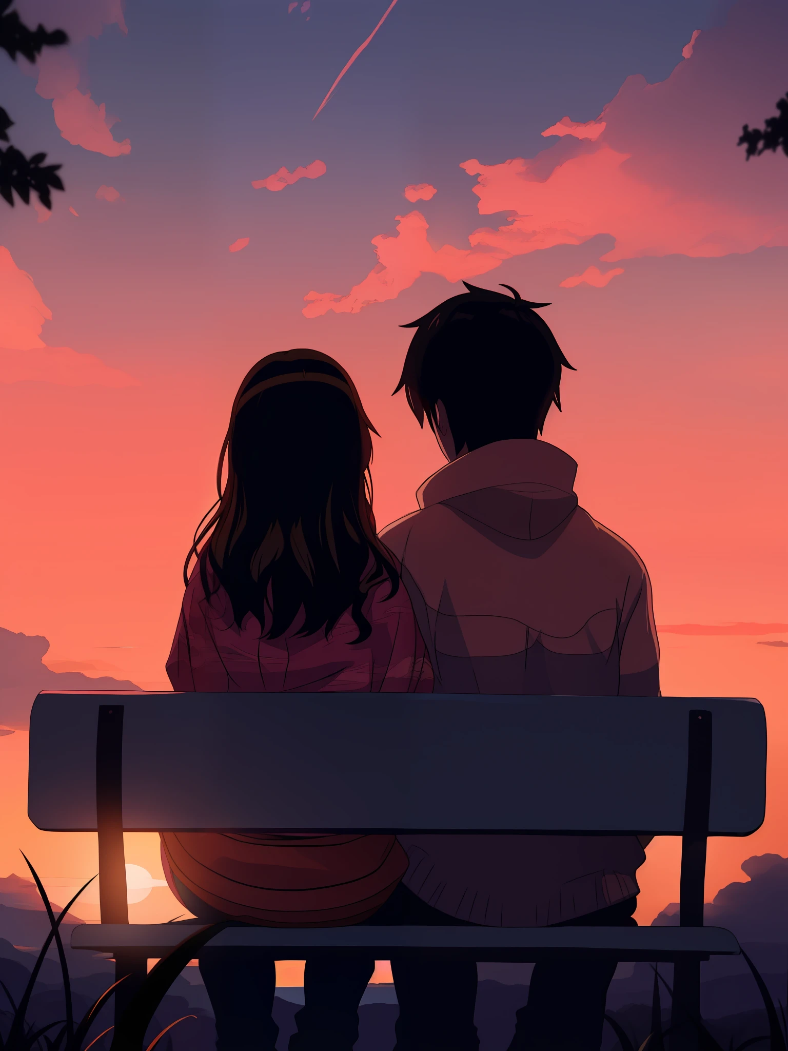 Anime couple sitting on bench watching sunset, watching the sunset. Anime, 4k manga wallpapers, watching the sunset, 4K anime wallpaper, watching the sunset, anime backgrounds, With sunset, at a beautiful sunset, with a sunset, style of anime4 K, gorgeous romantic sunset, Guweiz e Makoto Shinkai, Anime wallpaper 4K