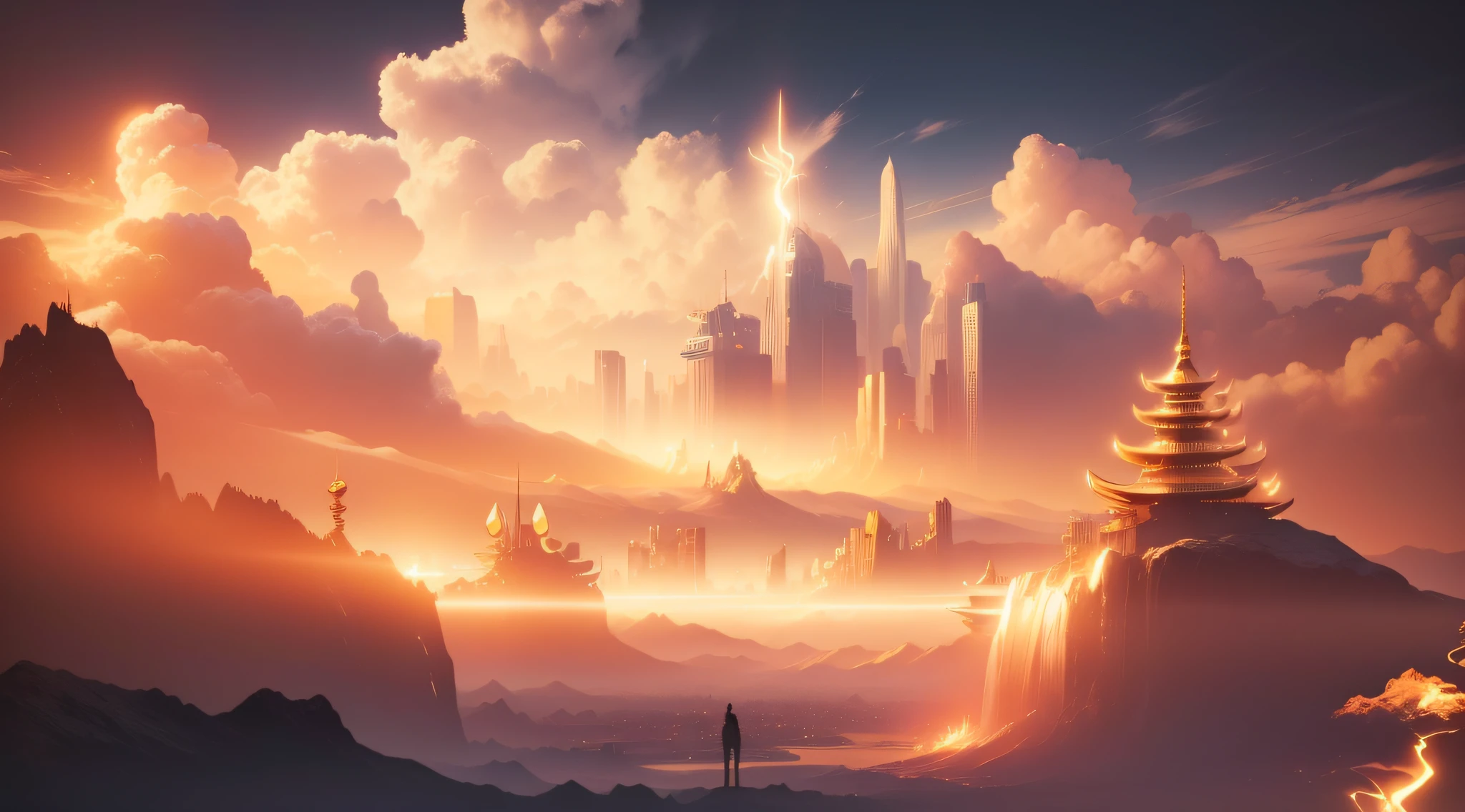 Future Tech Sky City cool light gold metal background 8K --auto