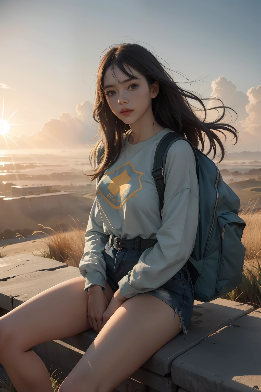 1girl， dynamic angle， （abstract backgrounds：1.3）Sit on your knees， art by Erik Jones， rendering by octane， Biochemical high exposure [Lily Sheen|Trevor Philips]， looking-down， Radiate hair， Fog conditions， rays of sunshine， L USM， offcial art， Unity 8k壁紙， ultra - detailed， aesthetics， tmasterpiece， best qualtiy， Realistic expanse of sky，the beautiful skyline，Large grasslands，Intense and dramatic imagery，the moving visual effects，the high-hanging Polaris，Colorful natural light。A long-sleeved top，denim short，A girl carrying a backpack。