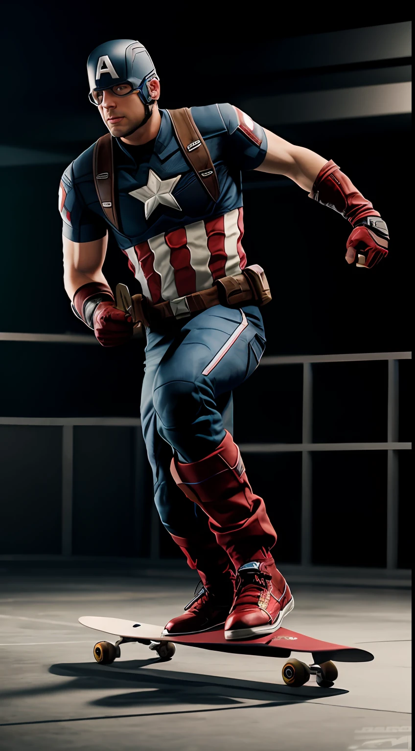 captain america skateboard, octane render, unreal engine, highly detailed, intricate