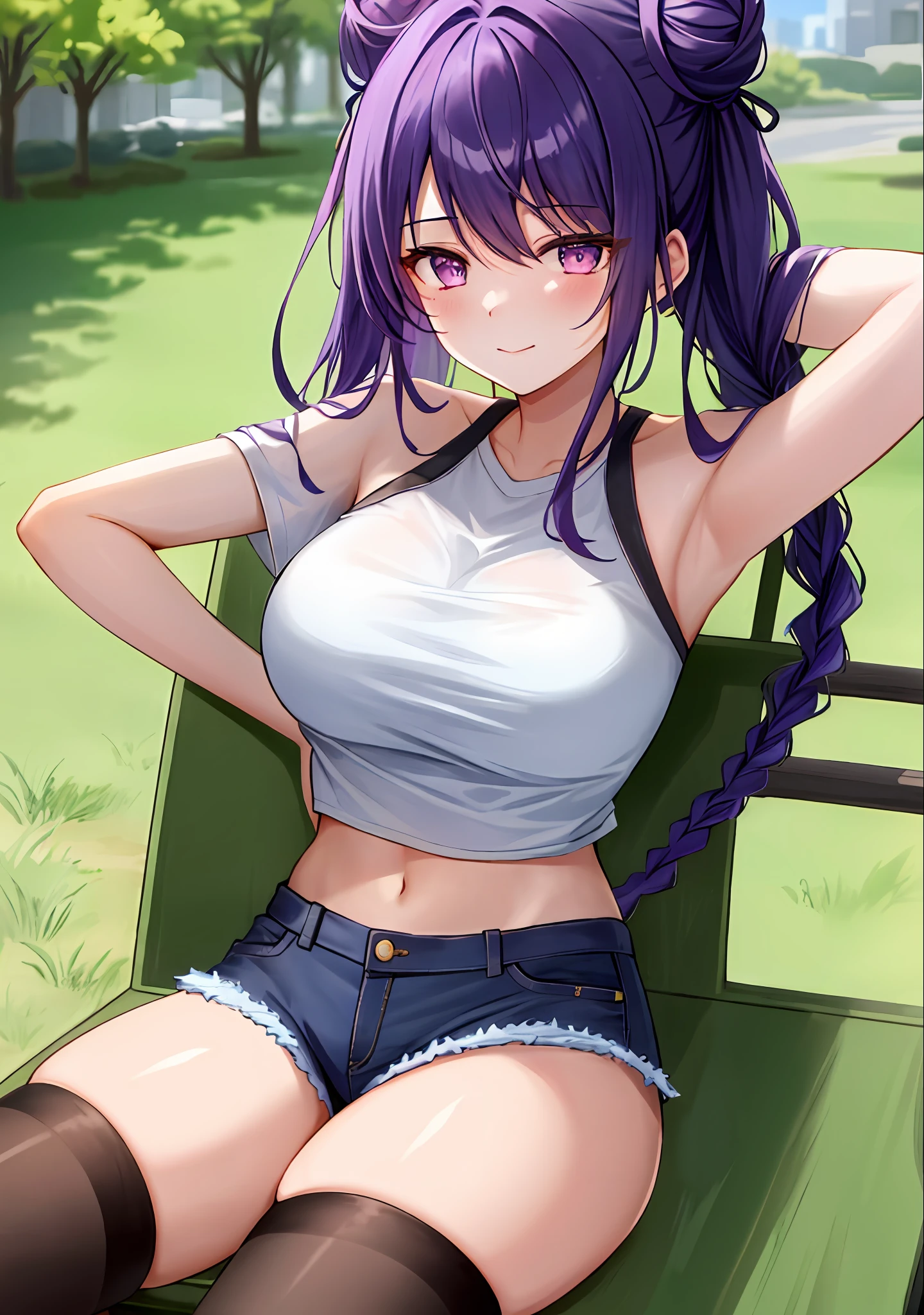 (masterpiece, best quality, ultra-detailed), keqing \(genshin impact\), (purple hair), cone hair bun, twin tails, long hair, swept bangs, braid, braided bangs, purple eyes, pink eyes,
(wearing a t-shirt:1.2), sitting on a chair outside of caf, embracing the natural beauty, sunlight, beautiful cloudy sky, city, street, denim shorts, black stocking,
medium breasts, thick thighs, critical angle, cowboy shot, arm behind head, arm behind back, armpits, light smile, crop top, strong and seductive expressions,,