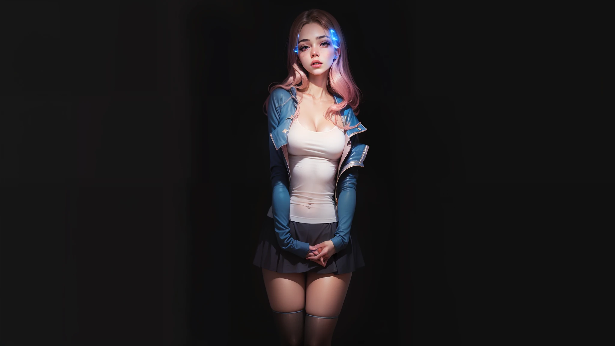 Mulher jovem, loira, bonita, Fine-drawn face, olhos azuis, rosy lips, Sardas, middlebreasts, coxas grossas, cintura estreita, usando blusa rosa, blusa decotada, saia plissada azul escura, meias brancas acima dos joelhos, ambiente bem iluminado, luz suave