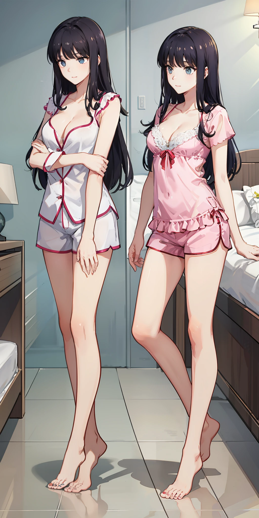 long hair, black hair, medium breast, slim legs, nervous, pajamas, cleavage, bedroom, shorts