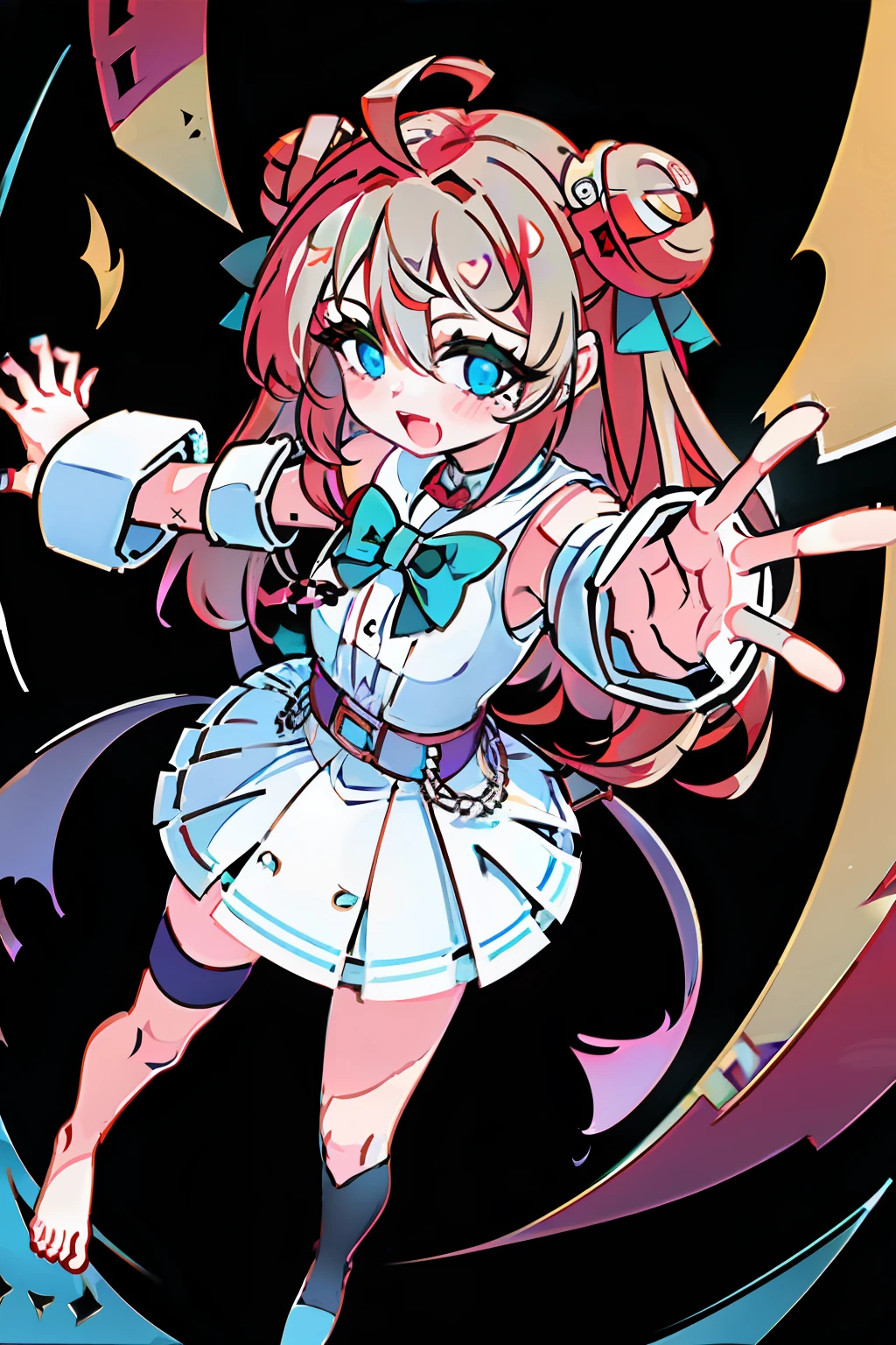 (masterpiece, top quality, best quality), 1girl, full body, best quality, smile, expressive eyes, perfect face, neuro-sama, solo, looking at viewer, portrait, (long hair, half-up bun, sidelocks, heart shaped hair, red hair bowtie, ahoge, blue eyes)), two side up, long side hair, red red hair ribbon, white toga, 1girl, young, (goddess, runes on body, toga, white toga), bare feet, light blue glowing trims, green collar ribbon, glowing rune tatoos, rune tatoos, symbols on body)), open arms, floating, long hair behind, (short, young girl, short body), (front facing, forward facing), hands to side, formal, revealinng outfit, (((toga, gauntlets, shoulderless, wide sleeves, long dress, cuffs, garterbelt, chains, sash, belt, detached sleeves, frilly, open dress, revealing clothes, fingerless gloves, gamer, thigh highs, asymmetrical socks))), dynamic pose, unique pose, dynamic angle, unique angle