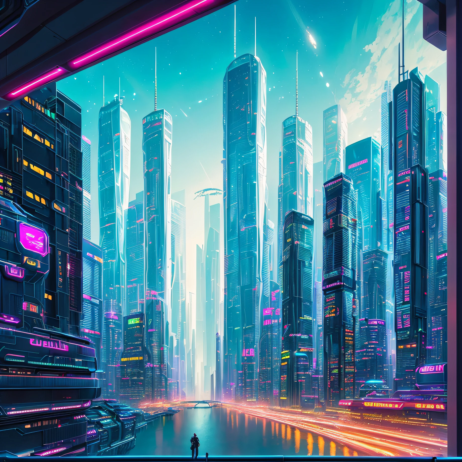 Cityscape photos ( futuristic space station, Glittering metal halls and neon cafes) Ultra-realistic, author：Thomas Cole, Cinematic, Atmospheric, composition, Cityscape, sense of wonder, 8K