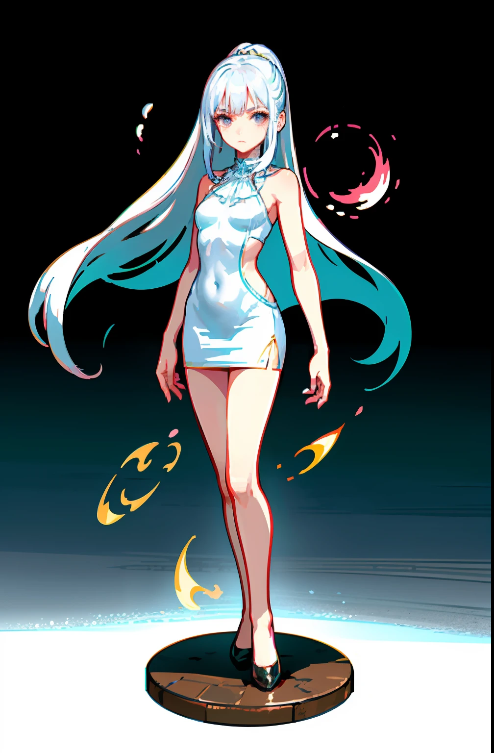 offcial art,品质最佳,finedetail,close-up all over the body,A beautiful white girl,wearing a white skirt,Long white hair shawl,hair flowing,Very long ponytail,Manners are elegant,With a faint sad expression on his face,Floating in the air,Perfect figure。