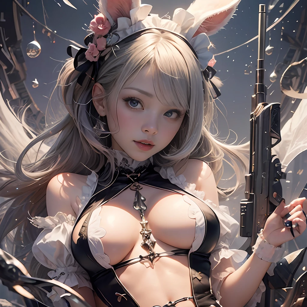 (8K、Raw photography、top-quality、​masterpiece:1.2)Personal Shooter Mix 4、Longhair、Well-formed face　Popular Asian Faces、kawaii　Gorgeous Gothloli Maid Outfit 1.5（White decoration、Silver decoration、Pink decoration）Delicate costumes　Imagine sexy styles and themes。（large full breasts）（The valley opens with V）（Navel Ejection）Rabbit ears --auto