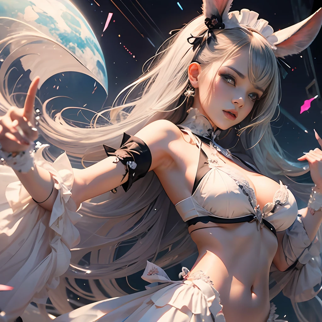 (8K、Raw photography、top-quality、​masterpiece:1.2)Personal Shooter Mix 4、Longhair、Well-formed face　Popular Asian Faces、kawaii　Gorgeous Gothloli Maid Outfit 1.5（White decoration、Silver decoration、Pink decoration）Delicate costumes　Imagine sexy styles and themes。（large full breasts）（The valley opens with V）（Navel Ejection）Rabbit ears --auto