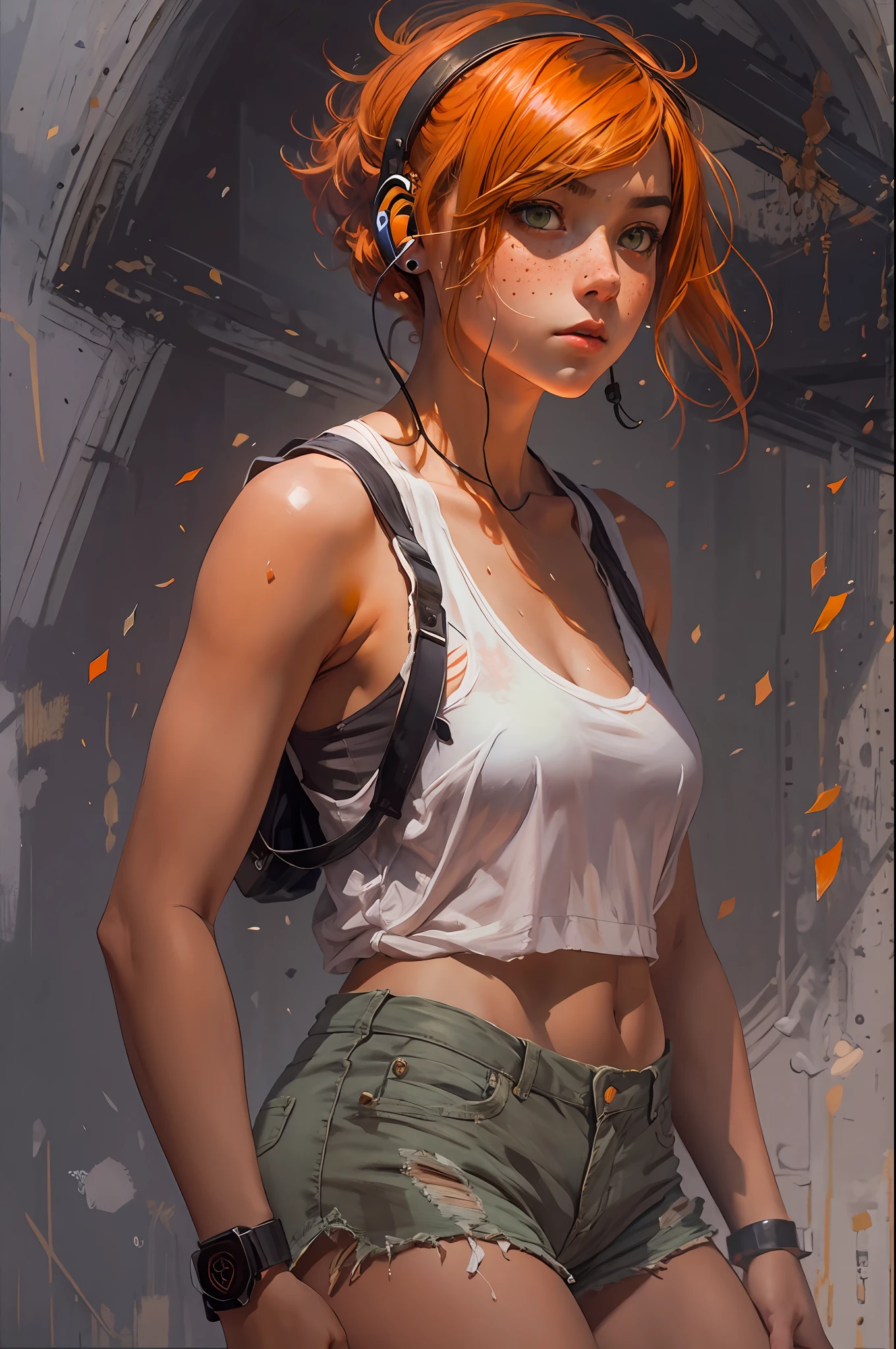 (young girl, isabelmoner-smf, dora),. (Hyper-realistic), Very short orange hair, Green eyes, freckles, white tanktop, Mini Shorts, Sport, sweaty, Average Breasts, earphones, aesthetics, Cinematic, Ambient light, Sampler: DPM++ 2M Karras,SVG anti-aliasing, (oil painting:0.75), (headband:0.75),(teal:0.2),(Orange:0.2), (by Jeremy Mann:0.5), (by John Constable:0.1),(by El Greco:0.5),(acrylic paint:0.75), 8K