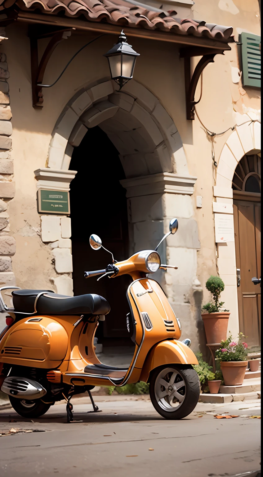 "It's a picturesque Italian villa with a lively red Vespa parked outside."