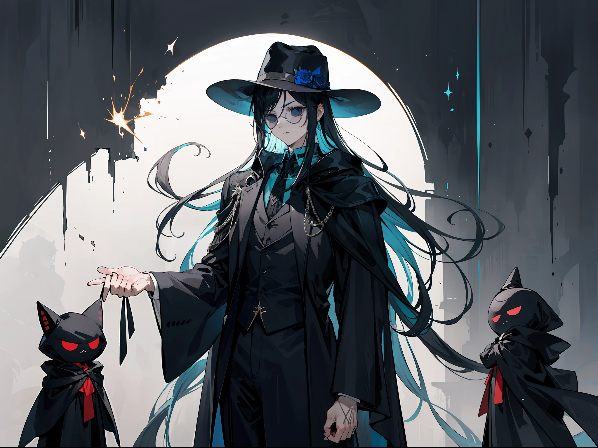 Draw the enigmatic character of Aldrian, the Maker of Legendary Dolls, whose appearance is captivatingly mysterious. He is adorned in a long, flowing black suit cloak that exudes an air of darkness surrounding him. A fedora hat perched on his head adds to the mystique, partially shrouding his face in shadow. His black tinted glasses enhance the visual allure and add an extra touch of enigma. In the illustration, Aldrian can be seen holding a living doll in one hand, asserting his fearsome abilities. The background could be a dark environment filled with dolls he has transformed in the past, creating an atmosphere that is both mysterious and profound. Furthermore, portray his facial expression with ambiguity, reflecting the inner conflict and remorse that envelopes this tragic figure. With your artistic flair, depict Aldrian with intricate details and creativity to evoke curiosity and spark the imagination of the viewers.