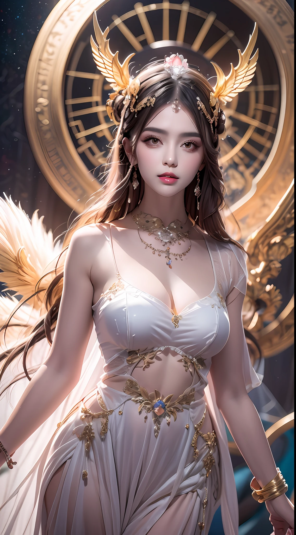 1 20 year old girl, 1 goddess Athena, pink purple silk dress, beautiful goddess Athena face without blemishes, delicate yellow nightgown, long thin nightgown of saint with many sexy black lace details, saint legend, saint icon, beautiful goddess style elegant glitter, dark and mysterious version, petite goddess crown, vermilion lips, delicate and beautiful lips, karol character, thin and smiley character, no smile intricate, detailed background, extremely detailed, light magic, (pure and flawless face: 1.9), saintly body, round breasts, big and round breasts, phoenix brooch, long flat bangs, (7-color rainbow-colored hair: 1.9), clear beautiful face and well-proportioned eyes, (transparent yellow eyes: 1.8), (big round eyes and meticulous makeup, very beautiful and hidden makeup, long hair with dark makeup, hidden blonde hair, very beautiful and detailed sleeping makeup, pale, upper body, (saint's upper bodies): 1.8), drooping arms, Realistic and vivid images, (stars that make up the sky: 1.7), (sky of heaven and fictional gates of time and space: 1.8), fictional art, RAW photos, hanfu photos, best photos, high resolution, best quality, best photos, surreal portraits, surreal female images, 8k quality , single female saint portrait, most realistic color scheme, best photo color, masterpiece, hair decoration, necklace, jewelry, pretty face, upper body, brand tyndall effect, real photo, dark studio, border lights, two-tone lighting, (white skin pink: 1.4), (high skin detail: 1.1), 8k uhd, dslr, high resolution, soft light, high quality, high quality h, Smooth and sharp, 10x pixelation, sexy goddess, sexy goddess, (background space: 1.8), (galaxy: 1.7), aurora, lightning, (Aurora Background: 1.8), best eyes, perfect eyes, solo 1 girl, saint and beautiful flower,