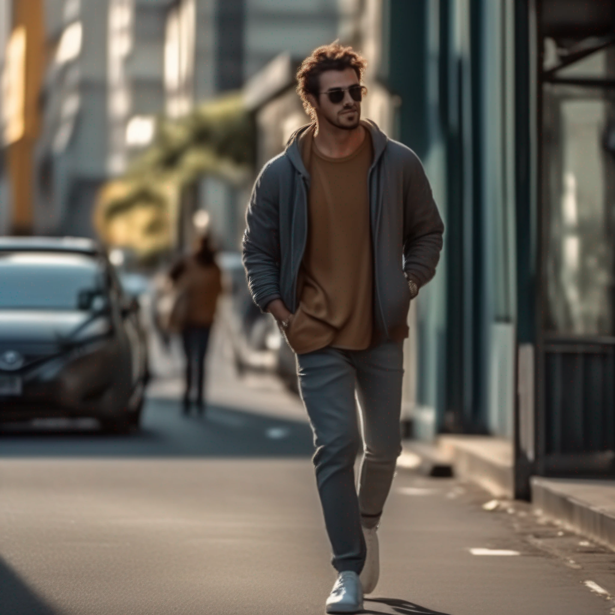 a nice cool guy walking in the street in the morning, cool attitude and good looking, full body, the city is like new york in the morning