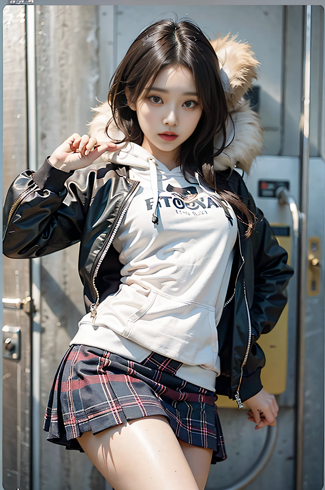 Top image quality、Raw photography、超A high resolution、17-year-old cool Korean、big round chest、Hoodie without front closure、Cropped length inner、skirt by the、Beautiful Eyes of Details、elongated eyes、eye lashes、Beautiful double eyelids、eyeshadows、Slender eyes、耳Nipple Ring、