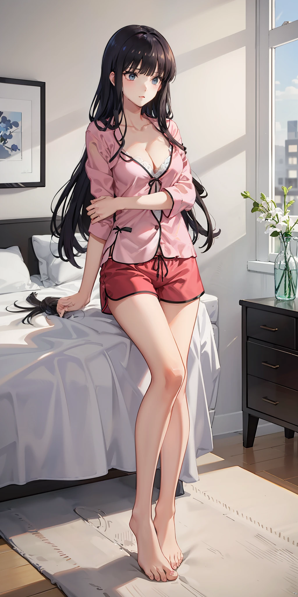long hair, black hair, medium breast, slim legs, nervous, pajamas, cleavage, bedroom, shorts, laying