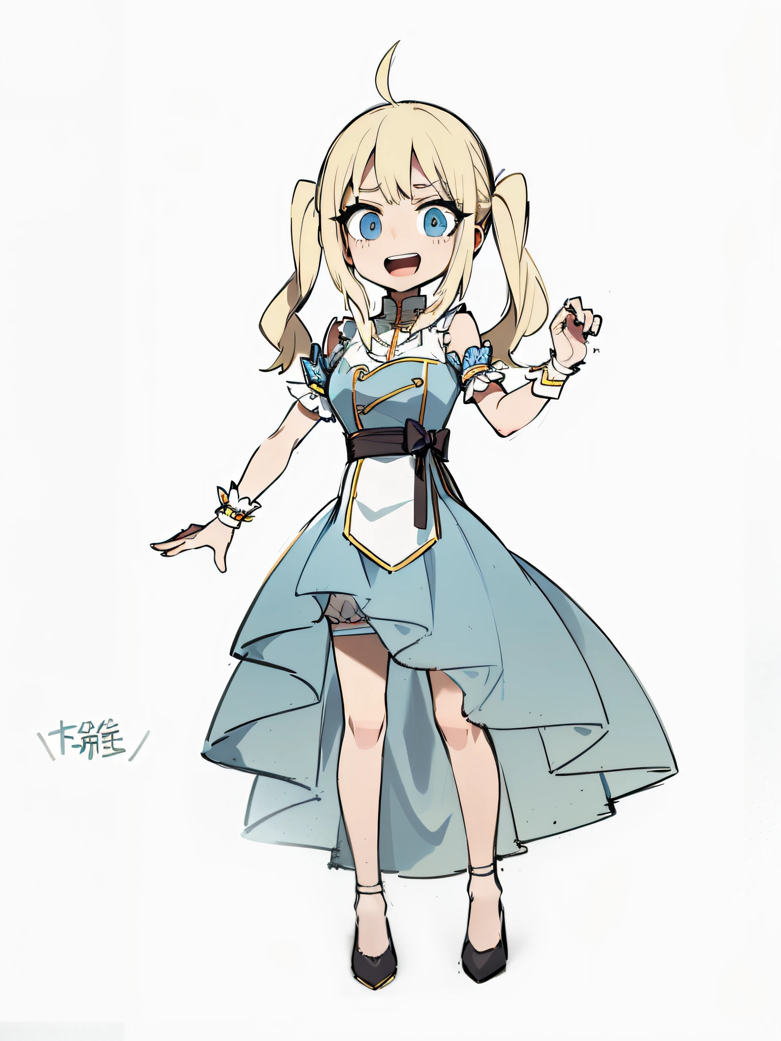 Ahoge blonde twin tails and metal hair ornament、White Sleeveless Cheongsam、White short-sleeved puff sleeves、White ruffled cuffs and metal bracelet、Light Blue Asymmetrical Fishtail Dress、white panniers、Metal choker、Metal Garter Rings、Metal pump