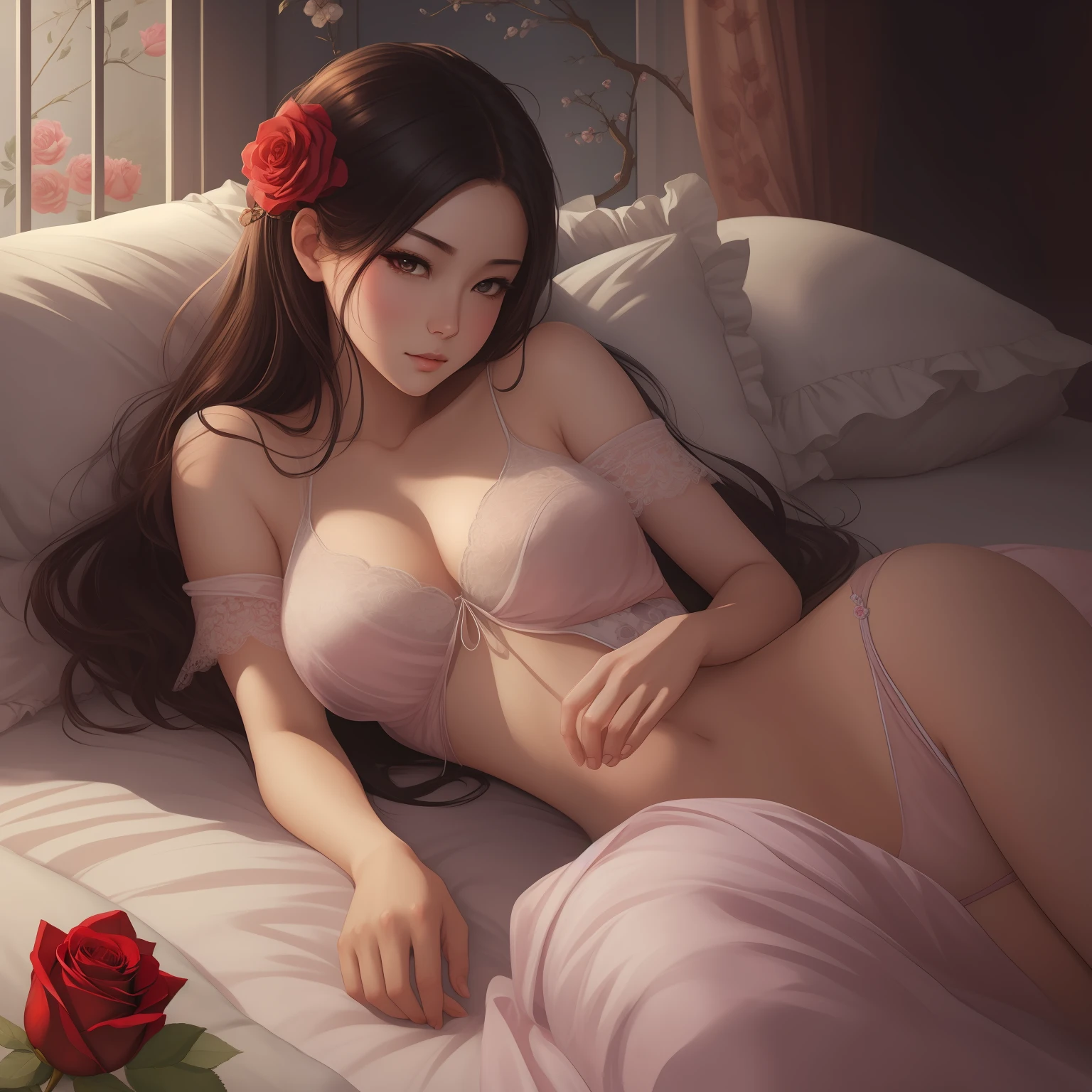 painting of a woman laying in bed with a rose on the pillow, a fine art painting by Yoshihiko Wada, pixiv, fantasy art, beautiful alluring woman, artgerm. illustration, artwork in the style of guweiz, lovely languid princess, guweiz masterpiece, seductive girl, style of charlie bowater