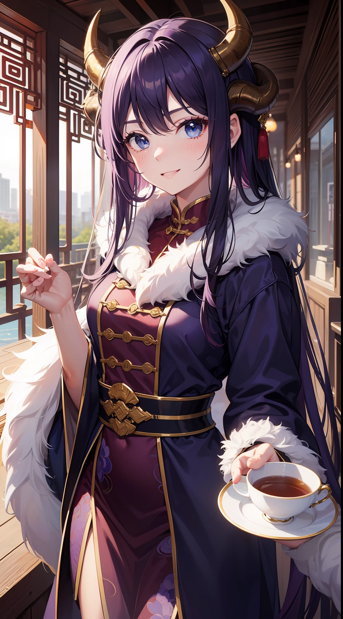 young girl, long purple hair, blue eyes, horns last year, Chinese fur coat, tea, ssmile, Masterpiece, hiquality