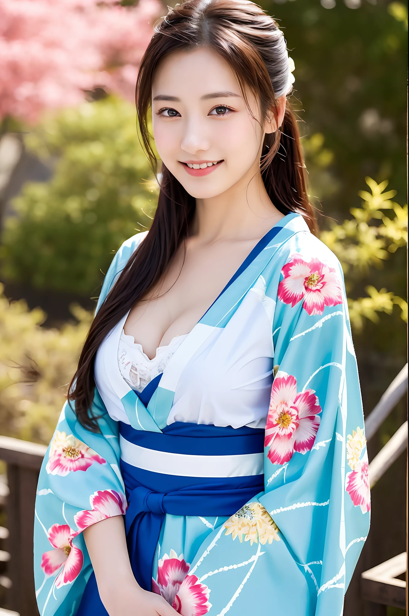 ((masterpiece, highest quality, super definition, high definition)), solo, beautiful girl, shining eyes, perfect eyes, beautiful sister of Japan, fluffy breasts, cleavage, holding a yukata with a floral pattern, prickly, background fireworks,