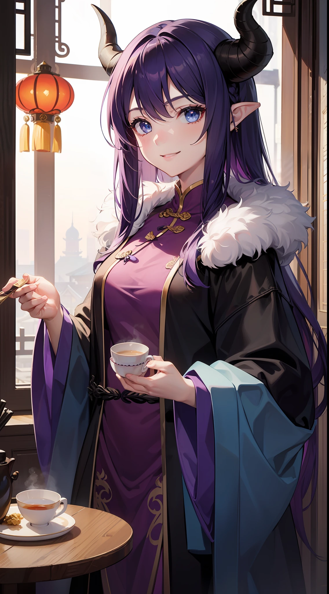 young girl, long purple hair, blue eyes, horns last year, Chinese fur coat, tea, ssmile, Masterpiece, hiquality