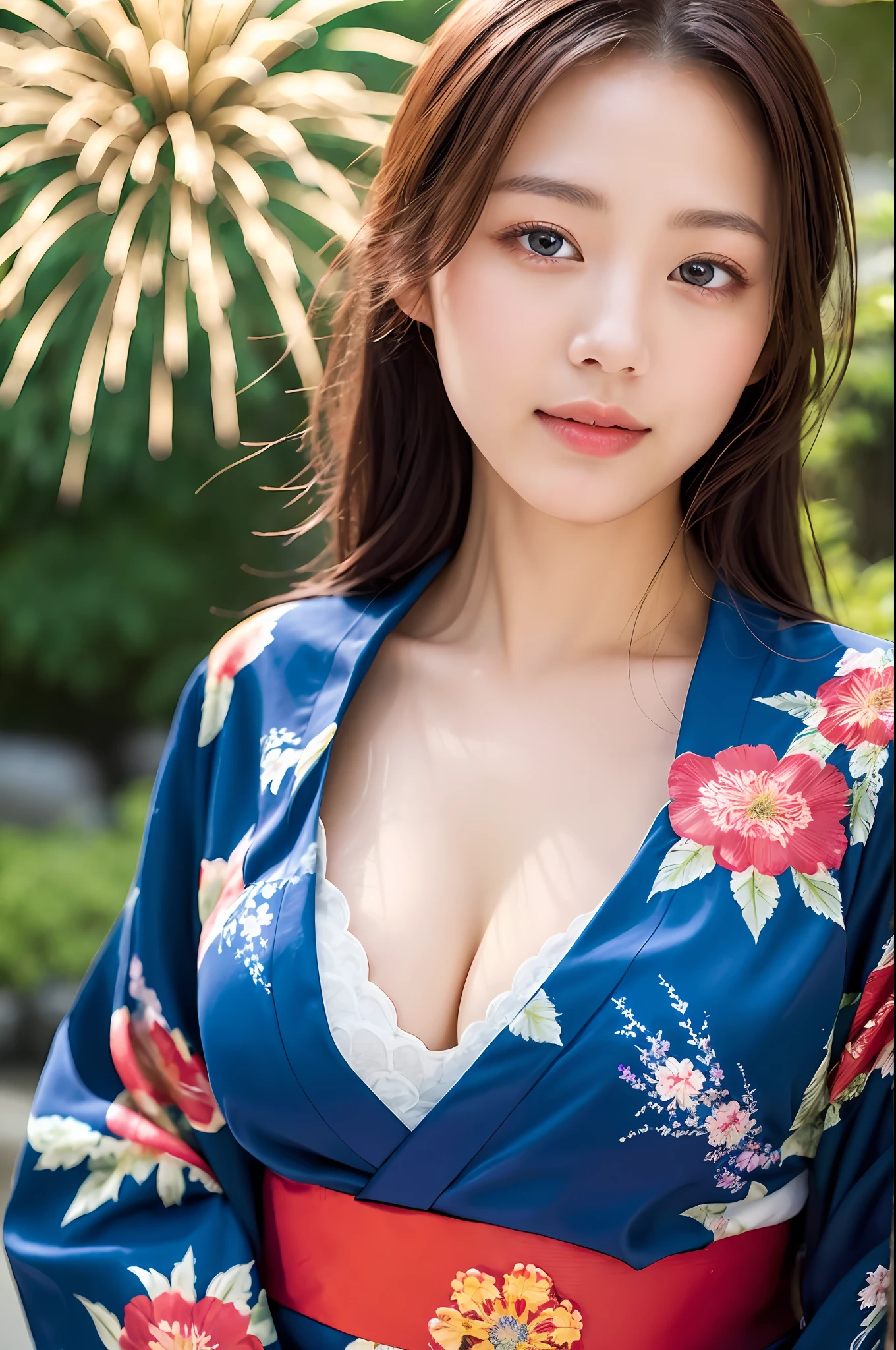 ((masterpiece, highest quality, super definition, high definition)), solo, beautiful girl, shining eyes, perfect eyes, beautiful sister of Japan, fluffy breasts, cleavage, holding a yukata with a floral pattern, prickly, background fireworks,